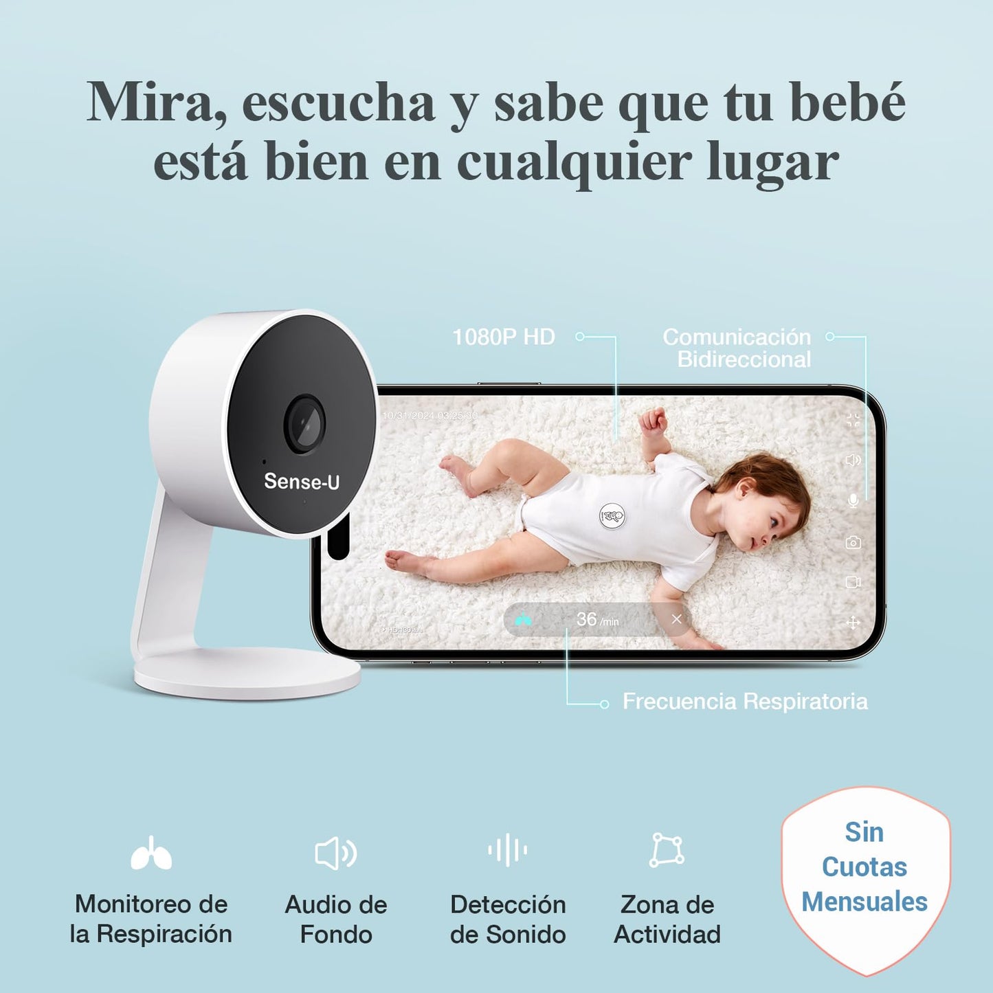 Monitor Inteligente para Bebés Sense-U Sin Sensor Blanco con Detección de Sonido
