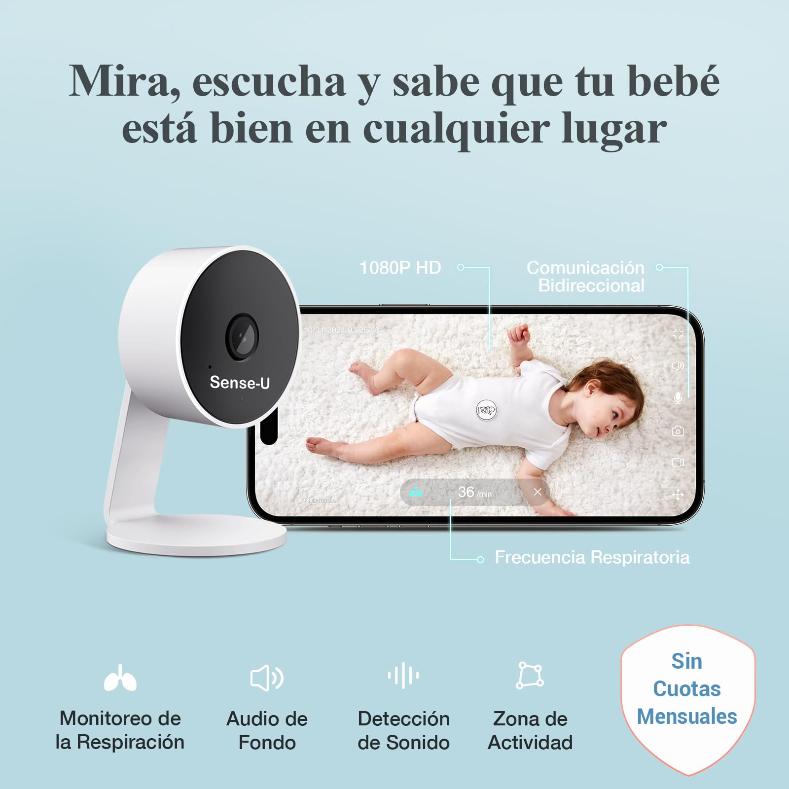 Monitor Inteligente para Bebés Sense-U Sin Sensor Blanco con Detección de Sonido