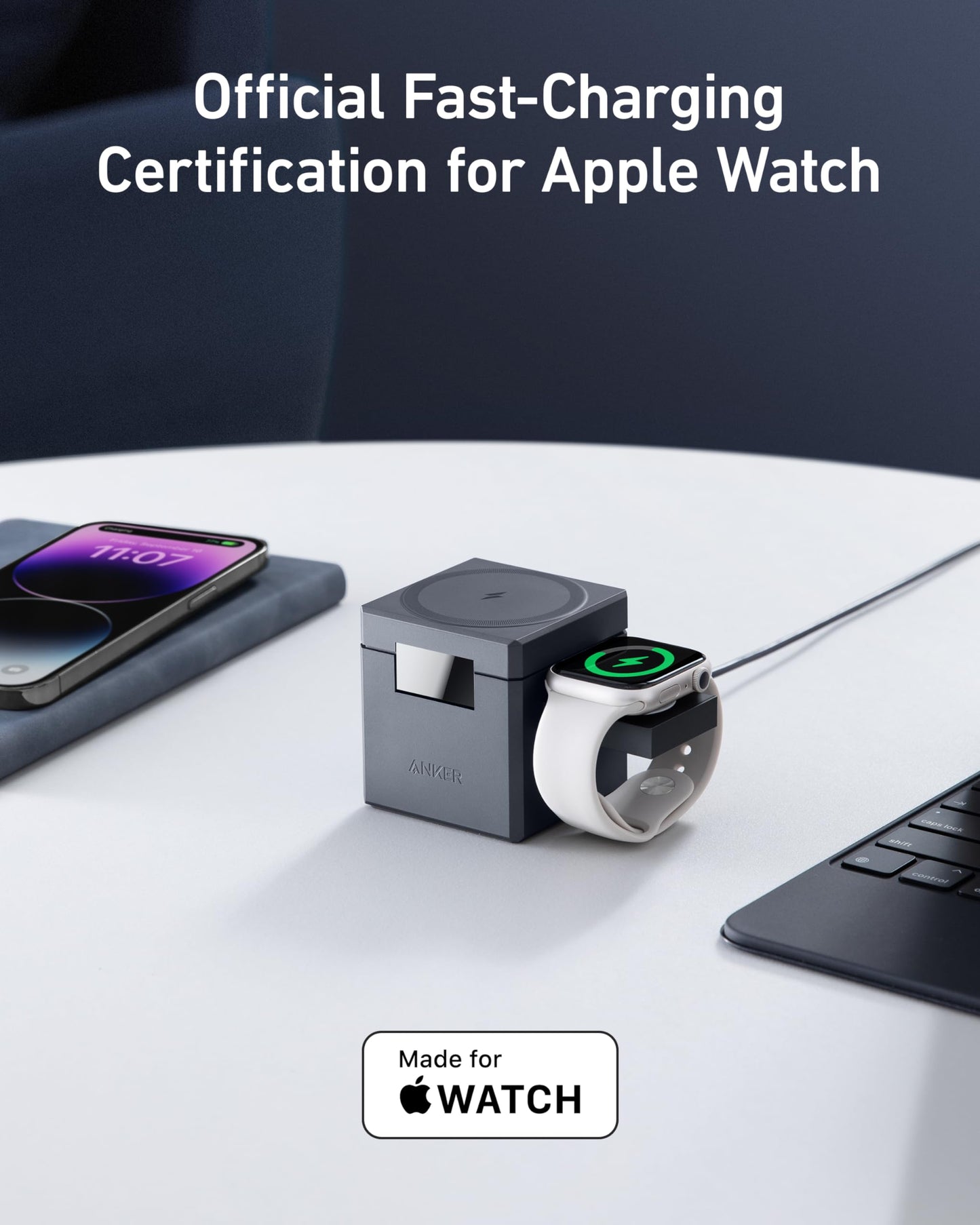 Cubo 3 en 1 Anker MagSafe Negro con Carga Inalámbrica 15 W para iPhone 15/14/13, Apple Watch y AirPods Pro