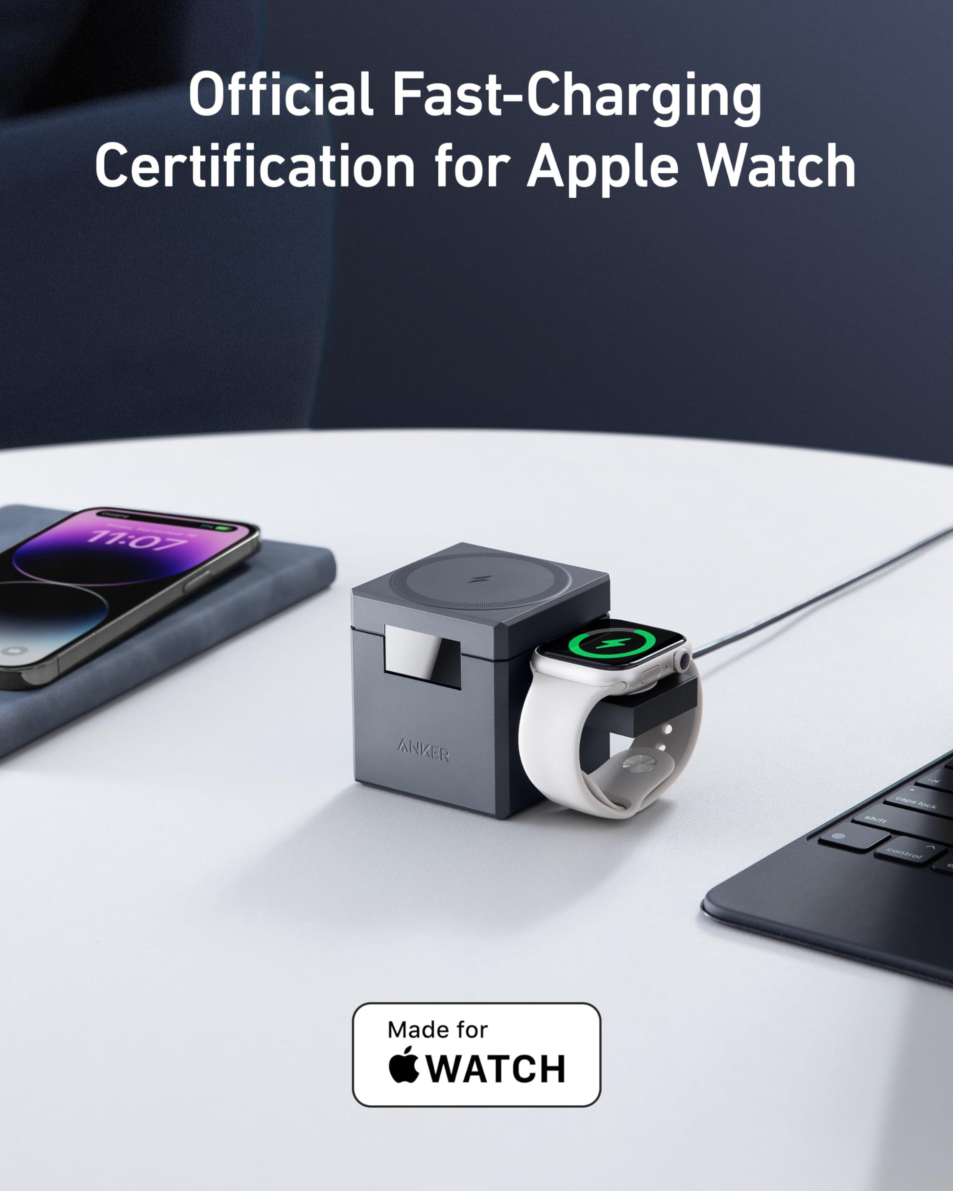 Cubo 3 en 1 Anker MagSafe Negro con Carga Inalámbrica 15 W para iPhone 15/14/13, Apple Watch y AirPods Pro