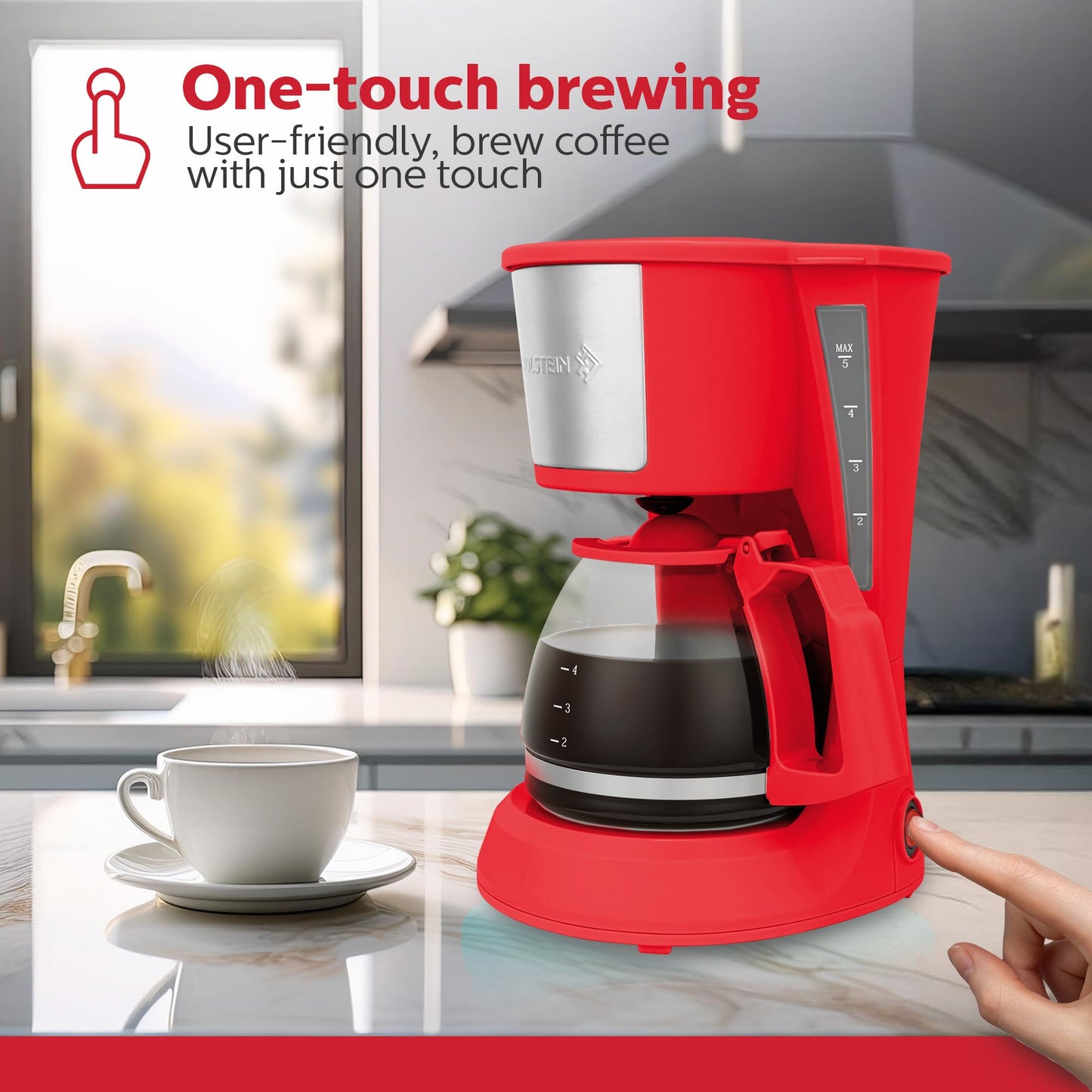 Cafetera de Goteo Holstein Housewares Roja con Filtro Permanente y Jarra de Vidrio para 5 Tazas