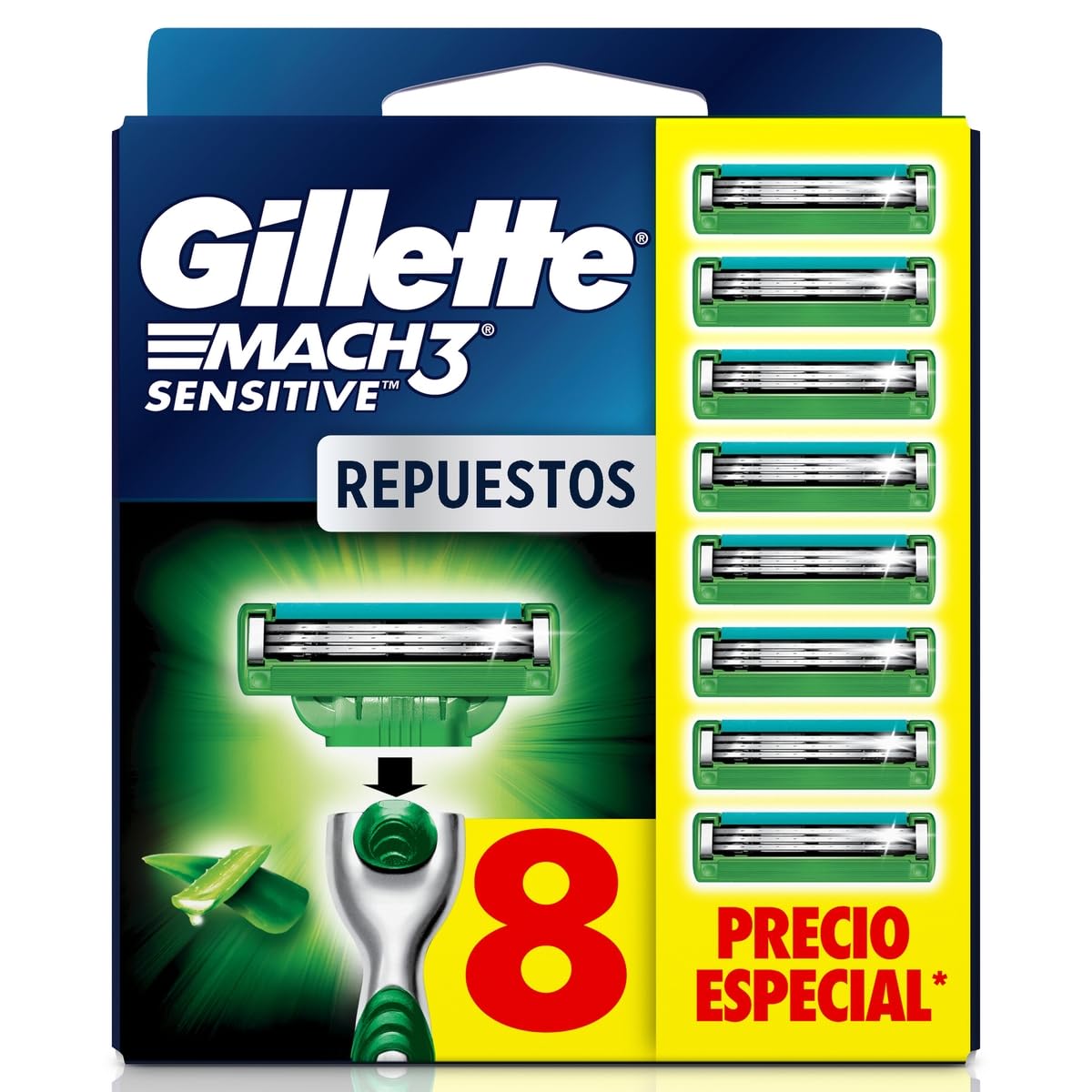 GILLETTE Mach3 Sensitive, Rastrillo para Afeitar Reutilizable, 8 Cartuchos con 3 Hojas para Rasurar, Rastrillo para Hombre con Piel Sensible