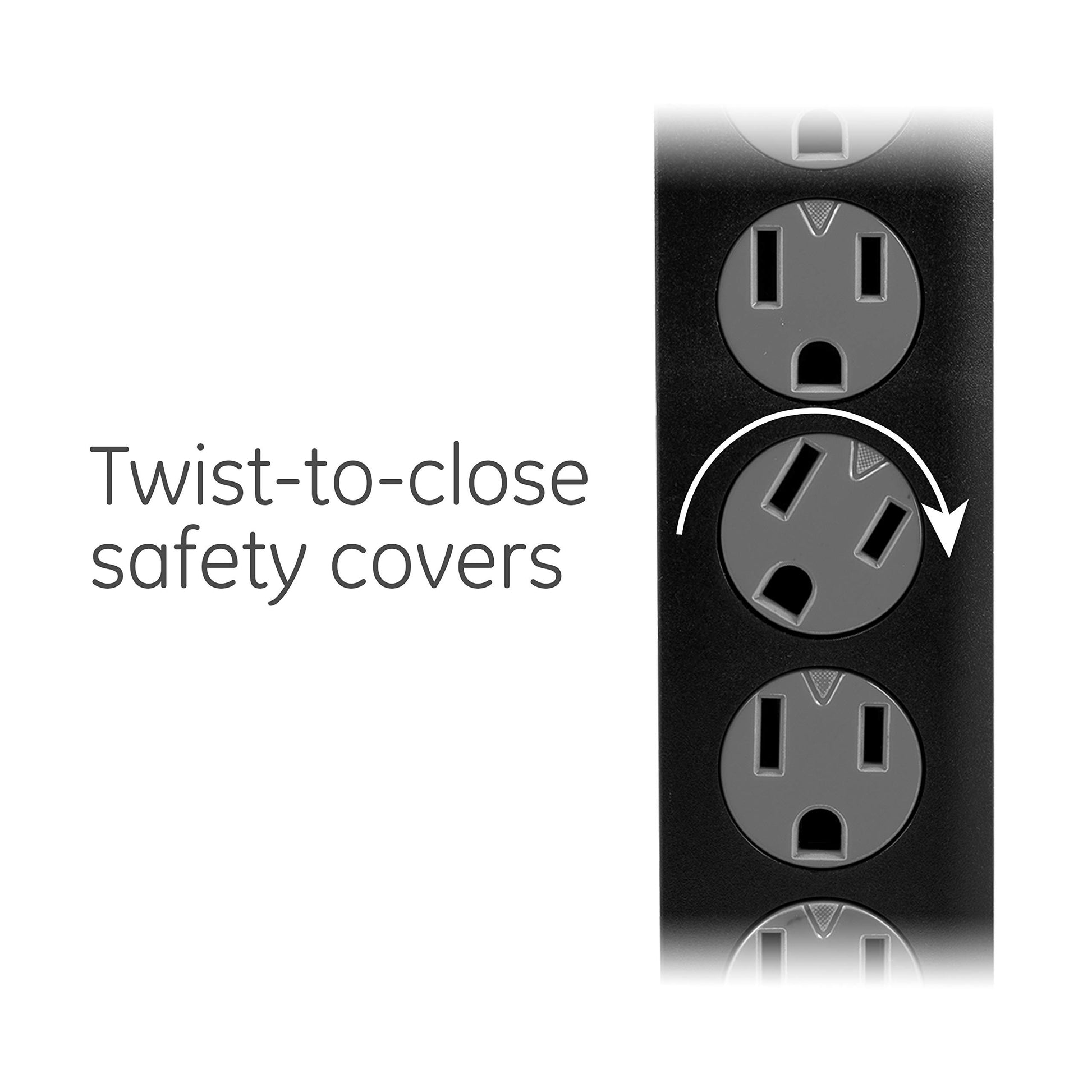 GE Tira Multicontactos De 6 Salidas con Supresor De Picos Y Enchufe Plano, Cable De Extensión De .60 Metros (2 Pies), 450 Julios, Cubiertas De Seguridad con Giro para Cerrar, Negro,2 Unidades, 54626