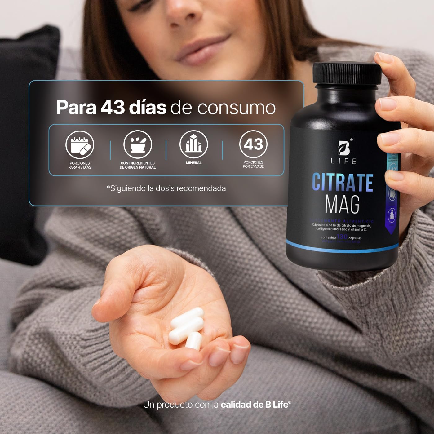B Life Citrato de Magnesio Puro | 130 cápsulas | 2400 mg por porción | Alta absorción | Adicionado con Vitamina C y Colágeno Hidrolizado | Citrate Mag.