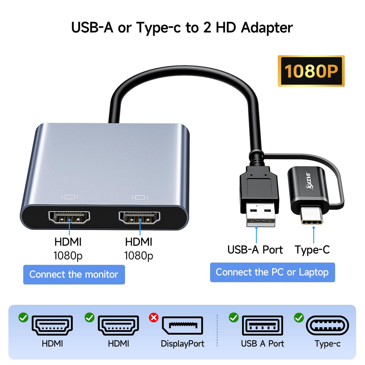 Adaptador USB a HDMI Dual KCEVE en Negro con Multipuerto Splitter Compatible con 1080p para Windows y M1/M2 Mac OS
