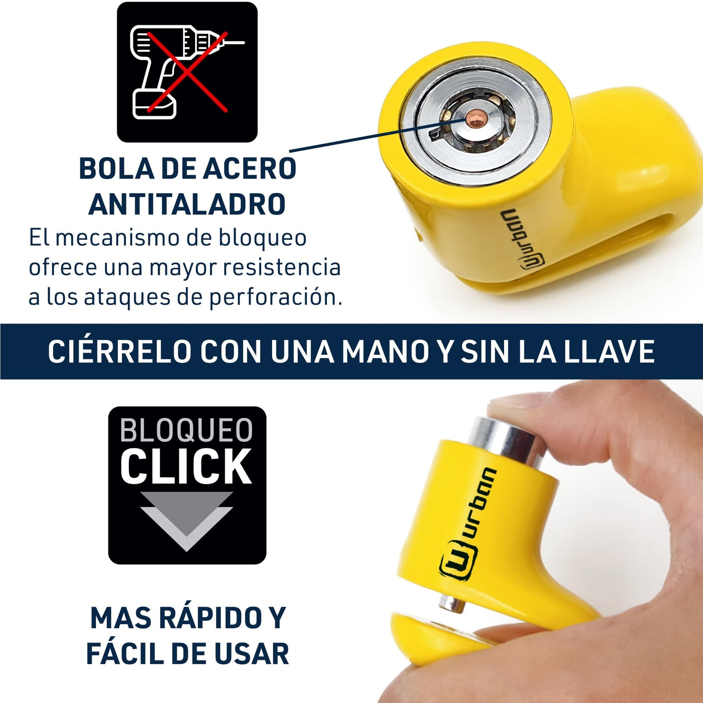 URBAN 564A - Candado de disco de motocicleta más compacto, ø5 mm, ligero y portátil, más visible, más disuasorio, acero, cerradura de freno universal antirrobo para motocicleta, scooter, bicicleta
