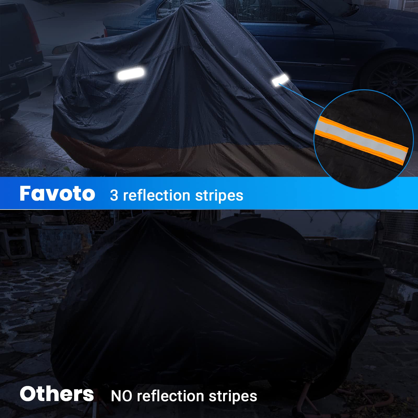 Favoto - Funda para motocicleta de 295 centímetros de longitud para todas las estaciones, impermeable, protección solar y exterior, reflector nocturno duradero con agujeros de bloqueo y bolsa de almacenamiento, funda para motocicleta.