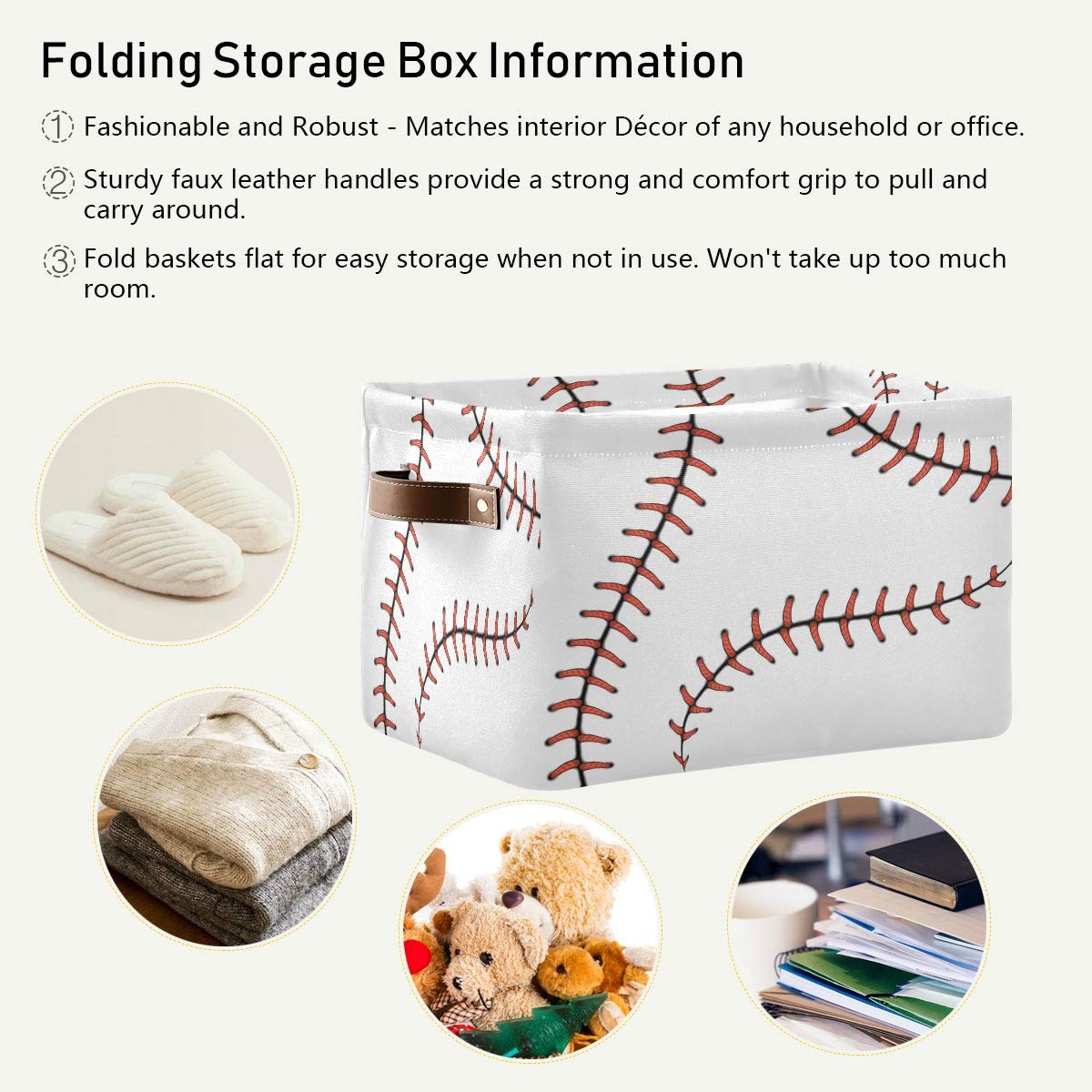Cesta de almacenamiento con puntadas de béisbol, bolsa de almacenamiento de bolas, de softball, grande, caja de almacenamiento de juguetes, con asas, plegable, estante de armario, cesta organizadora de tela para guardería y dormitorio