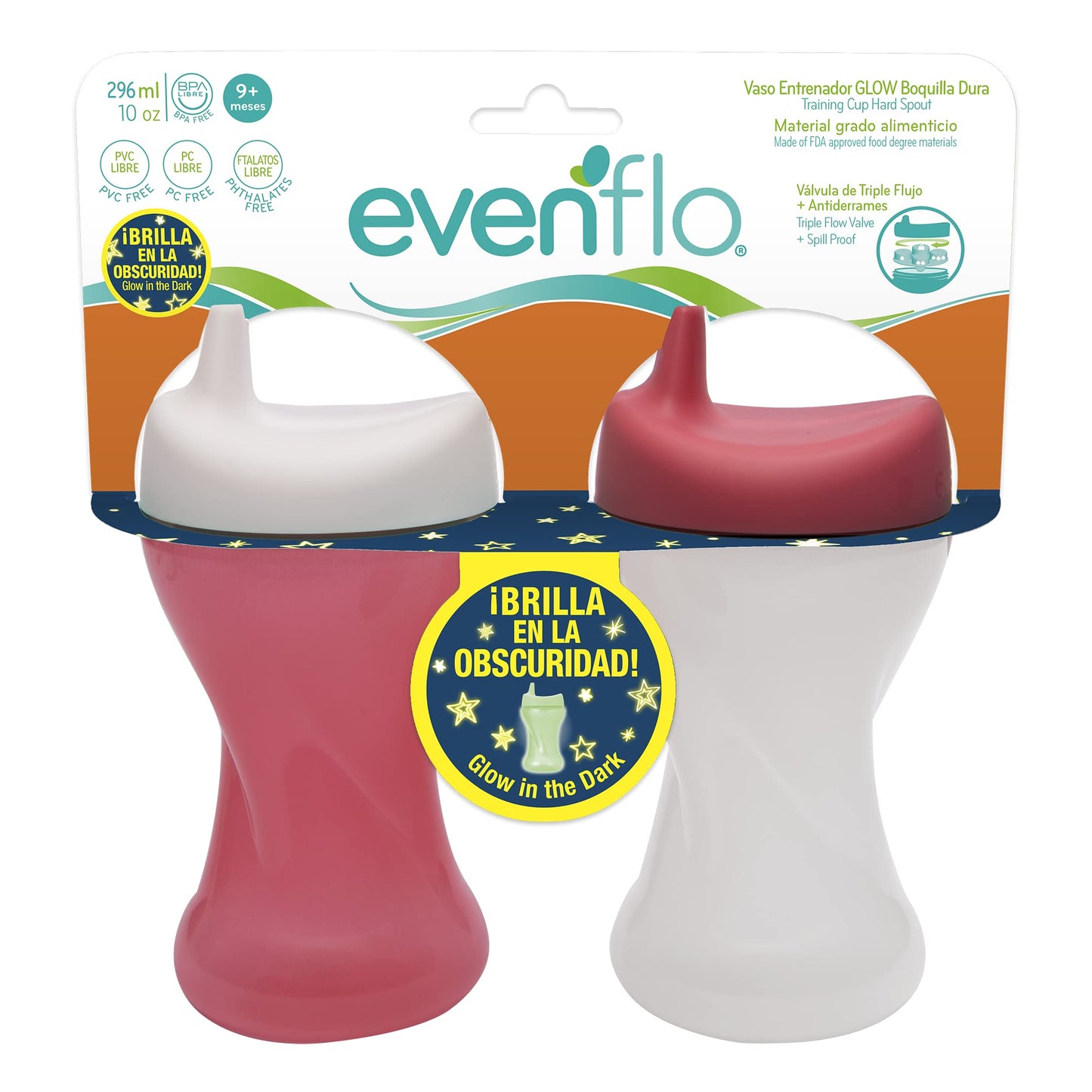 Vaso Entrenador Glow Evenflo Brilla en la Obscuridad Antiderrames, Boquilla Dura, 10oz/296ml, 2 piezas