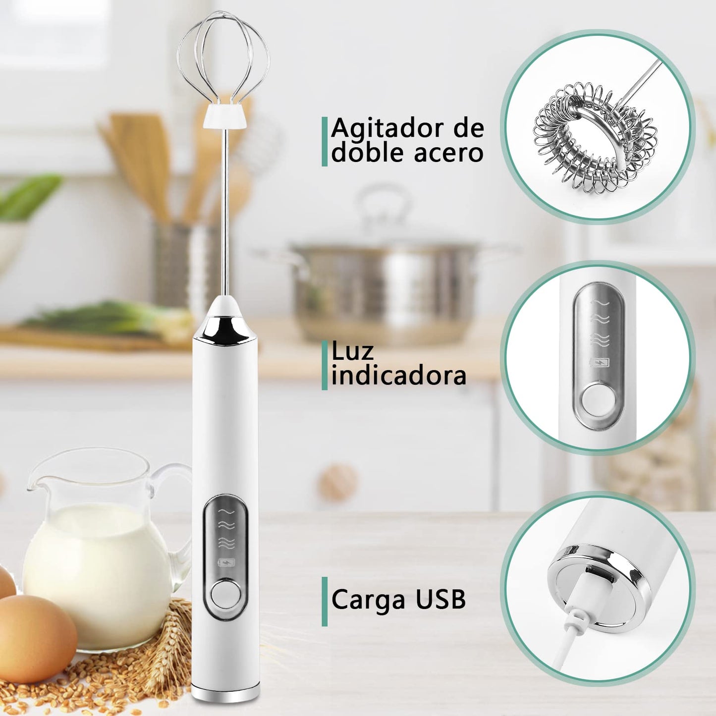 Espumador de Leche Eléctrico Blanco Recargable con 2 Batidores y 3 Velocidades