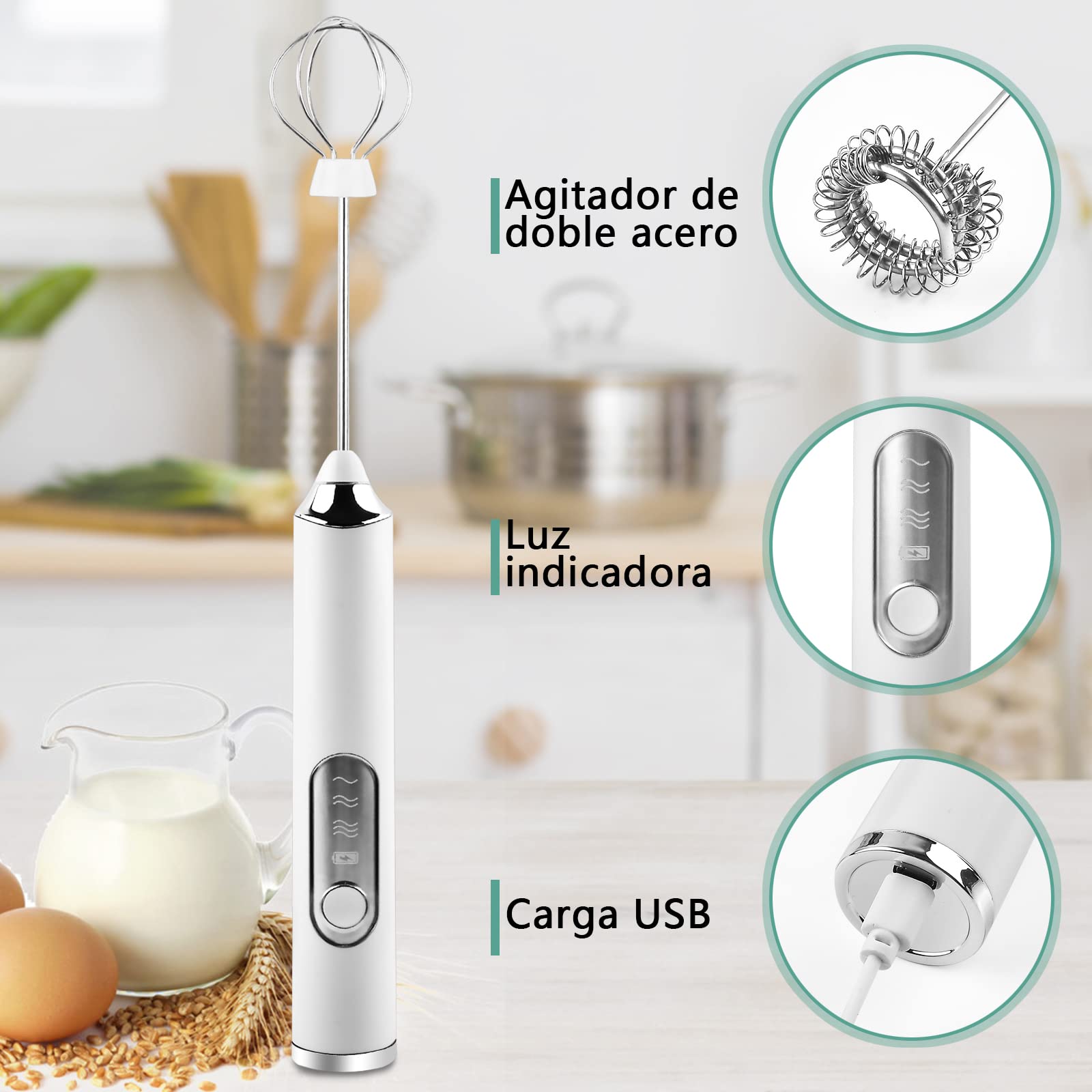 Espumador de Leche Eléctrico Blanco Recargable con 2 Batidores y 3 Velocidades