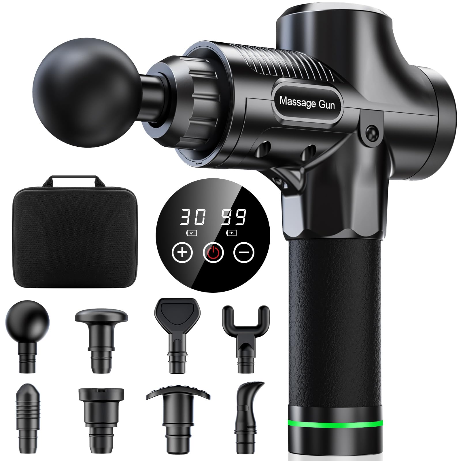Pistola de Masaje Muscular, Masaje Eléctrico de Mano con 8 Cabezales y 30 Velocidades Ajustables, Masajeador Muscular de Tejido Profundo para Aliviar el Dolor, Dispositivo de Masaje Masajeadores Eléctricos Ideal para Músculos, Hombros, Cuello, Espalda, Pi