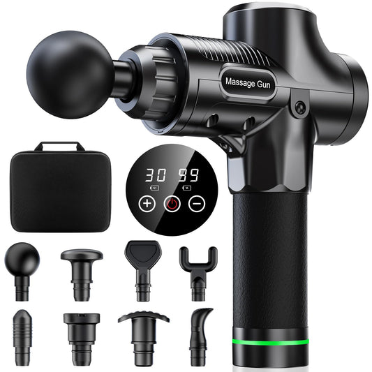 Pistola de Masaje Muscular, Masaje Eléctrico de Mano con 8 Cabezales y 30 Velocidades Ajustables, Masajeador Muscular de Tejido Profundo para Aliviar el Dolor, Dispositivo de Masaje Masajeadores Eléctricos Ideal para Músculos, Hombros, Cuello, Espalda, Pi
