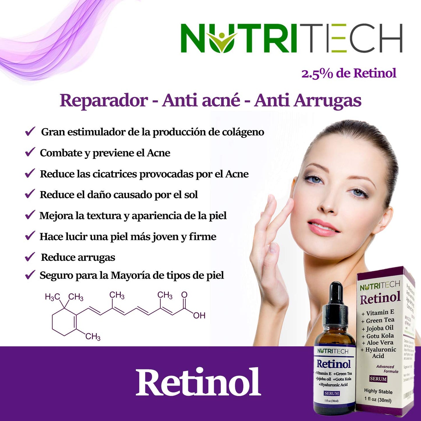 Kit de sueros faciales anti envejecimiento, 1 suero de Vitamina C, 1 suero de Acido Hialurónico y 1 suero de Retinol (Acido Ferulico)