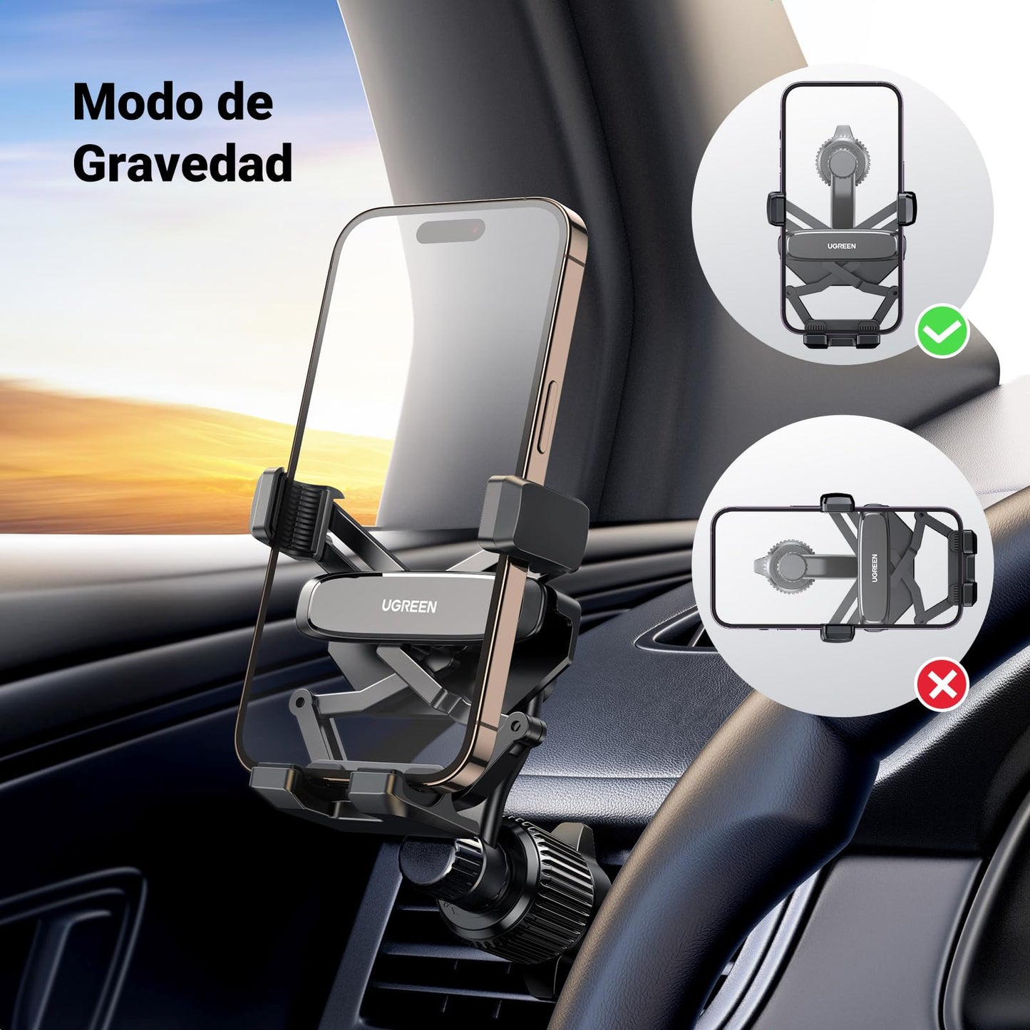 Soporte Celular Automóvil UGREEN Giratoria 360° Gancho Metálico para iPhone y Galaxy
