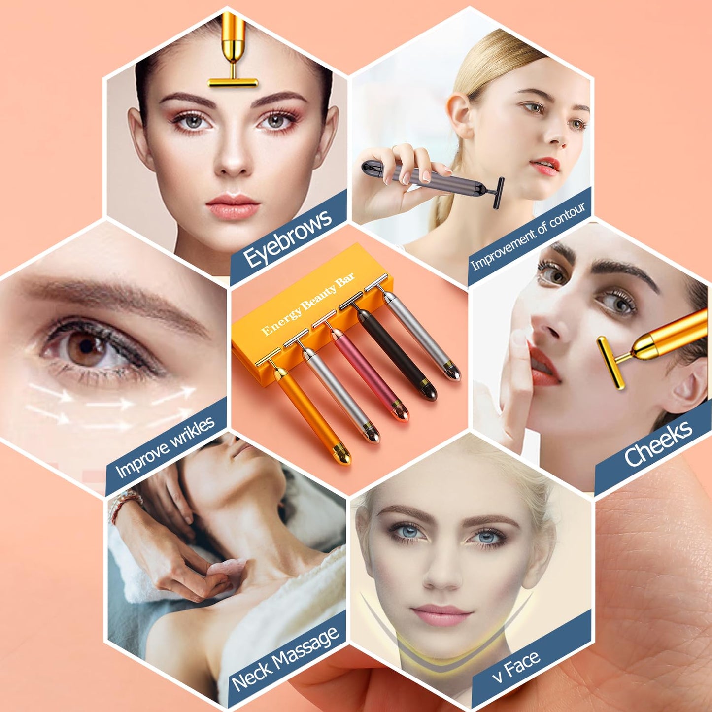 AMZVEZO Beauty Bar masajeador facial de oro de 24 quilates, herramienta en forma de T para el cuidado de la piel con diseño ergonómico (gris)