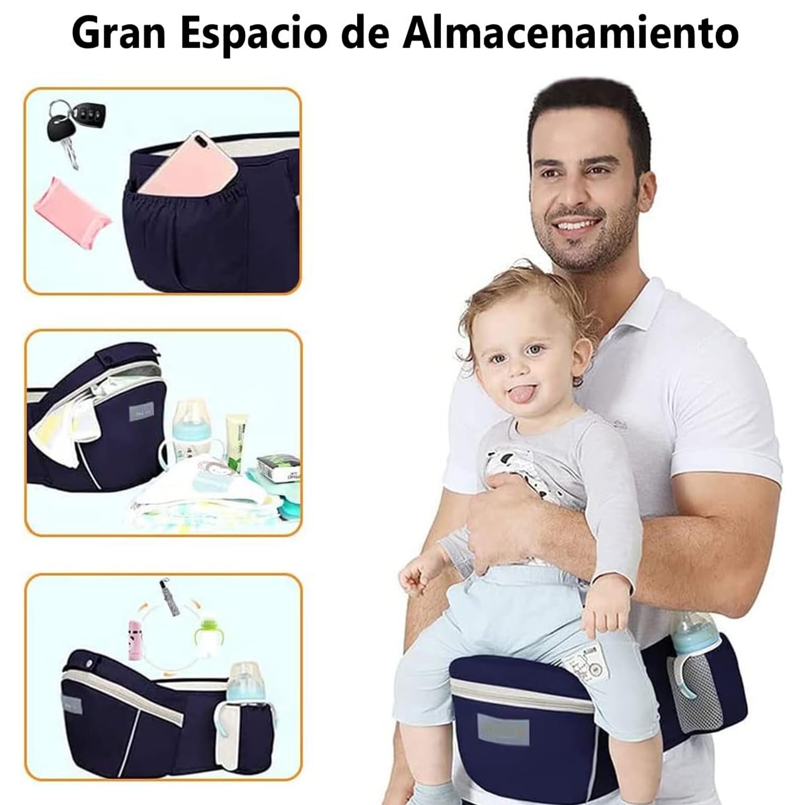 Mochila Portabebé Multifuncional Algodón Azul Oscuro con Asiento de Cadera y Accesorios para Niños
