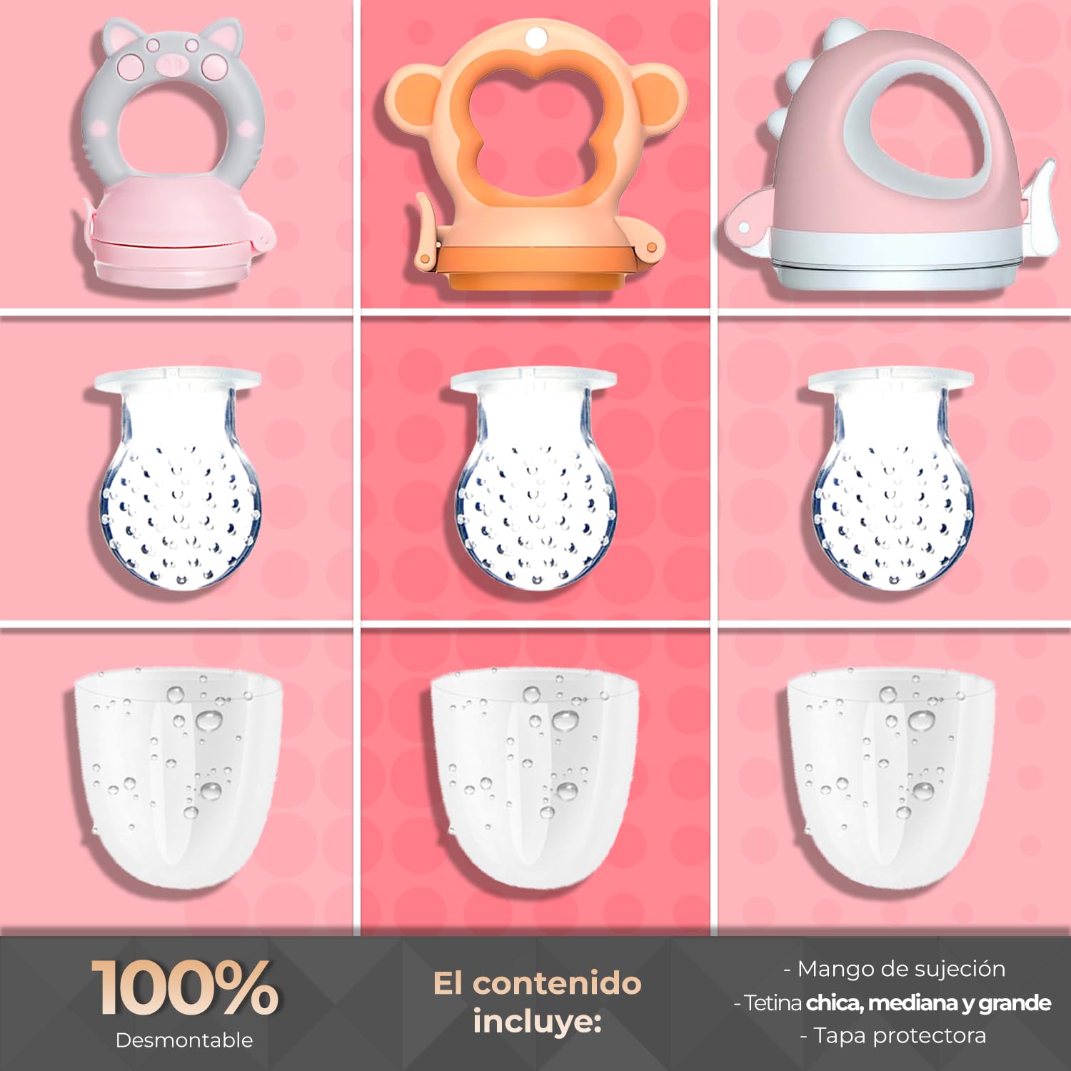 Chupones alimentadores para frutas y papillas con tapa libre de bpa, dibujos animados, 4m+ 3 piezas (pig rosa / pig rosa gris / pig blanco rosa)