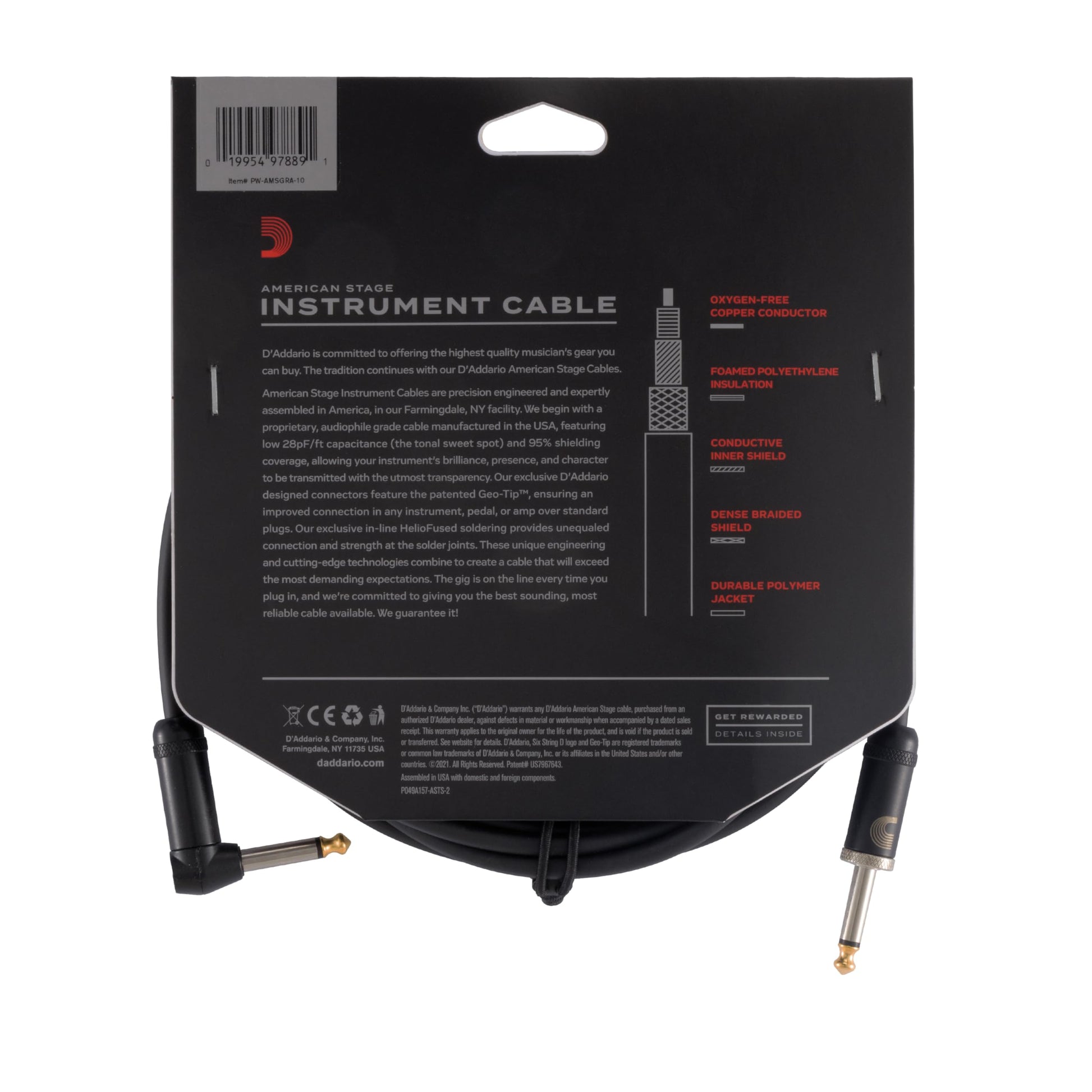 Cable de guitarra D'Addario American Stage, cable de instrumento con conectores de 1/4", extremo recto/ángulo recto, 3 metros