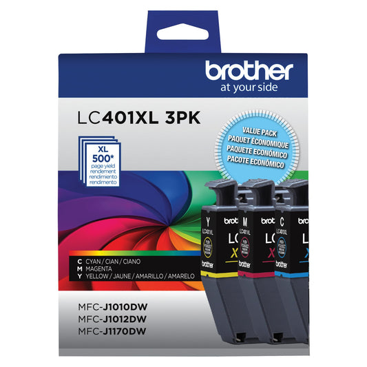 Brother LC401XL - Paquete de 3 Cartuchos de Tinta de Alto Rendimiento, Incluye 1 Cartucho de Tinta Cian, Magenta y Amarillo.