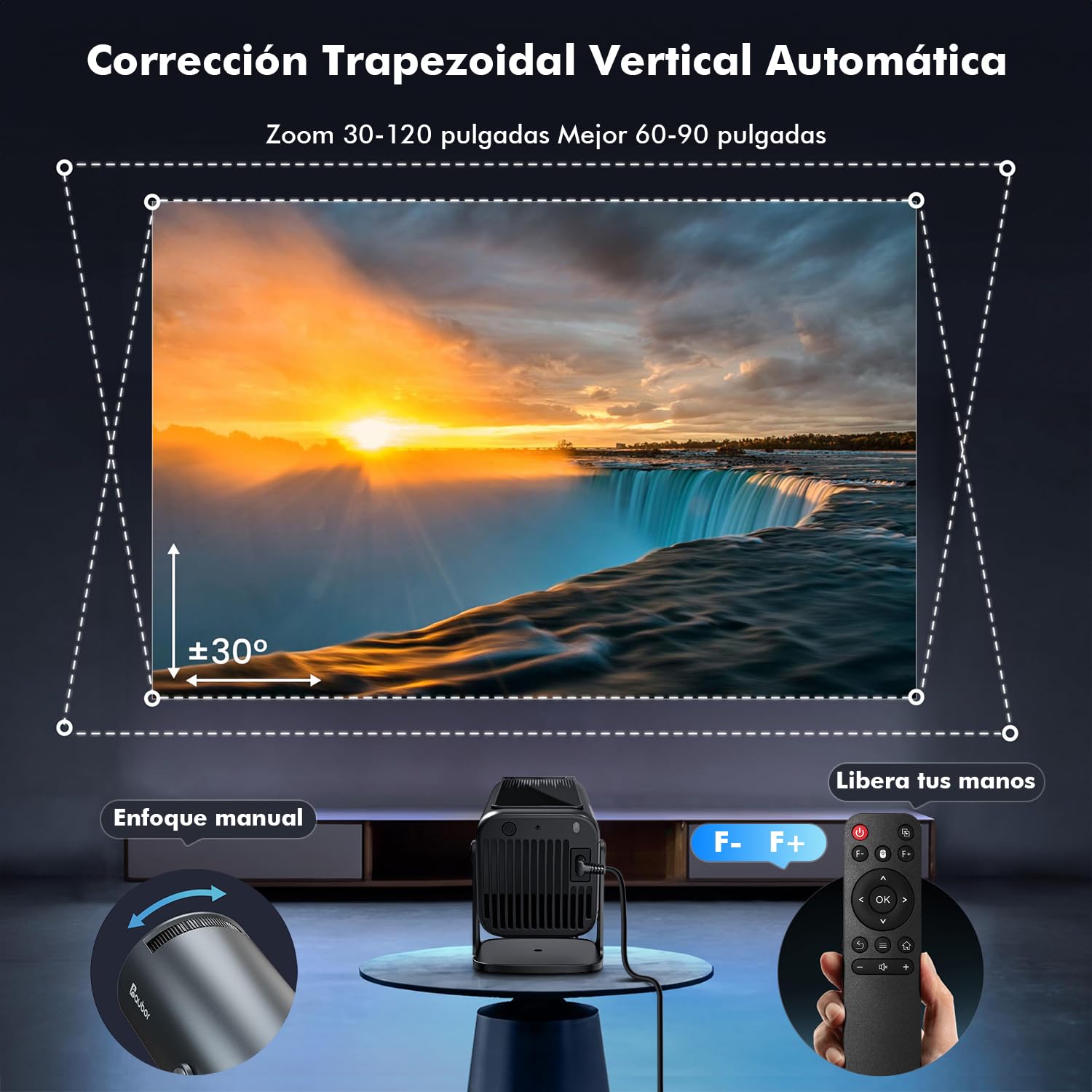 Proyector Portátil 4K Enfoque Eléctrico con Android 13 Bluetooth WiFi6 para iOS, Android, PC, TV Stick