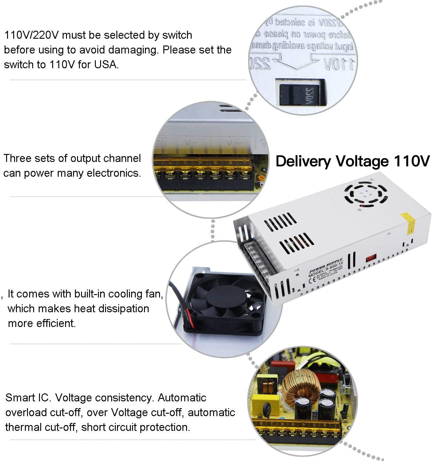 GESD Adaptador DC 12V 50A 600W TRANSFORMADOR Interruptor fuente de alimentación CA 110V/220V CC 12V 20A LED driver para tira de luz LED CCTV Cámara sistema