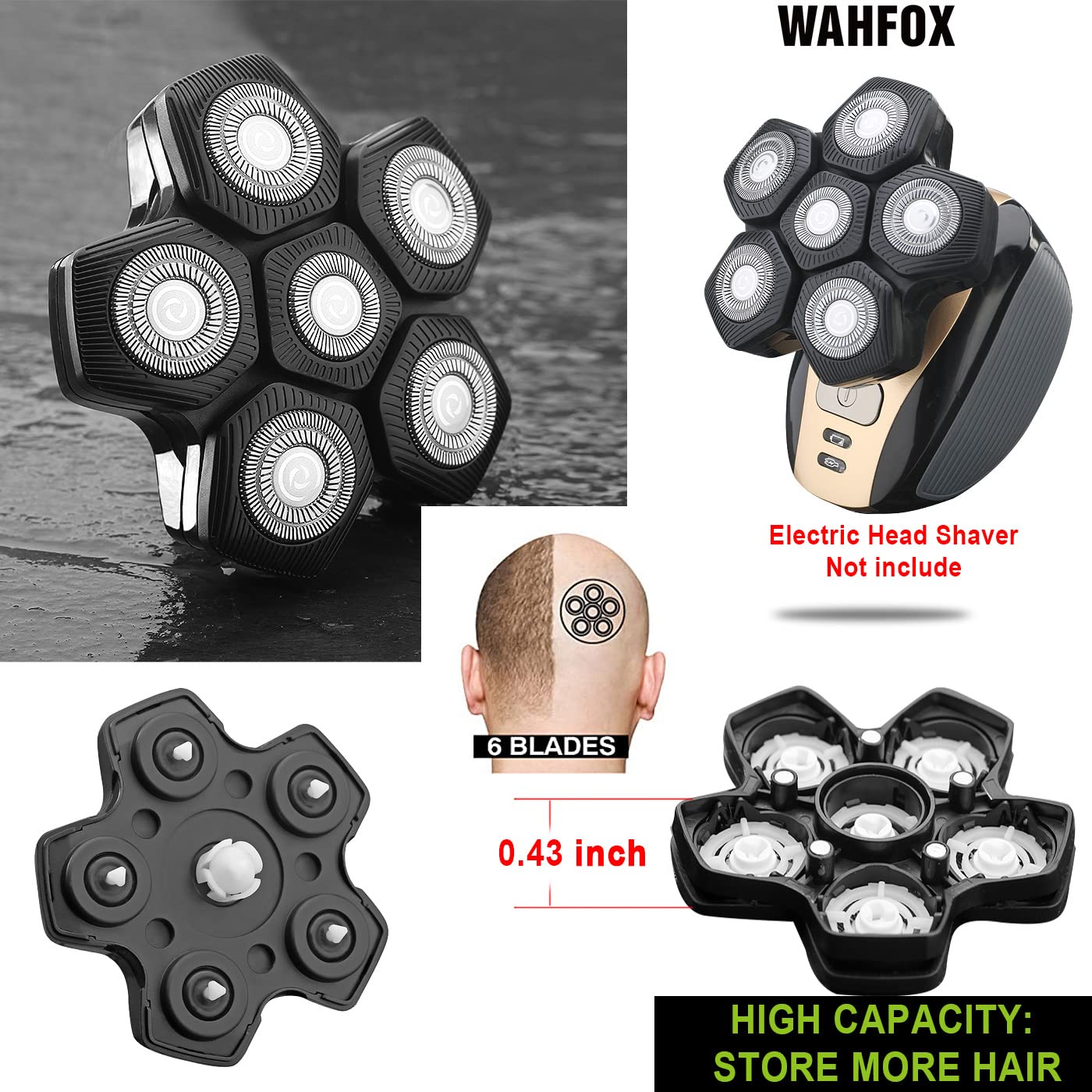 WAHFOX Cuchillas de repuesto para afeitadora de cabeza de 6 cuchillas, interfaz magnética, diseño único para afeitadora de cabeza Telfun AidallsWellup Wyklaus