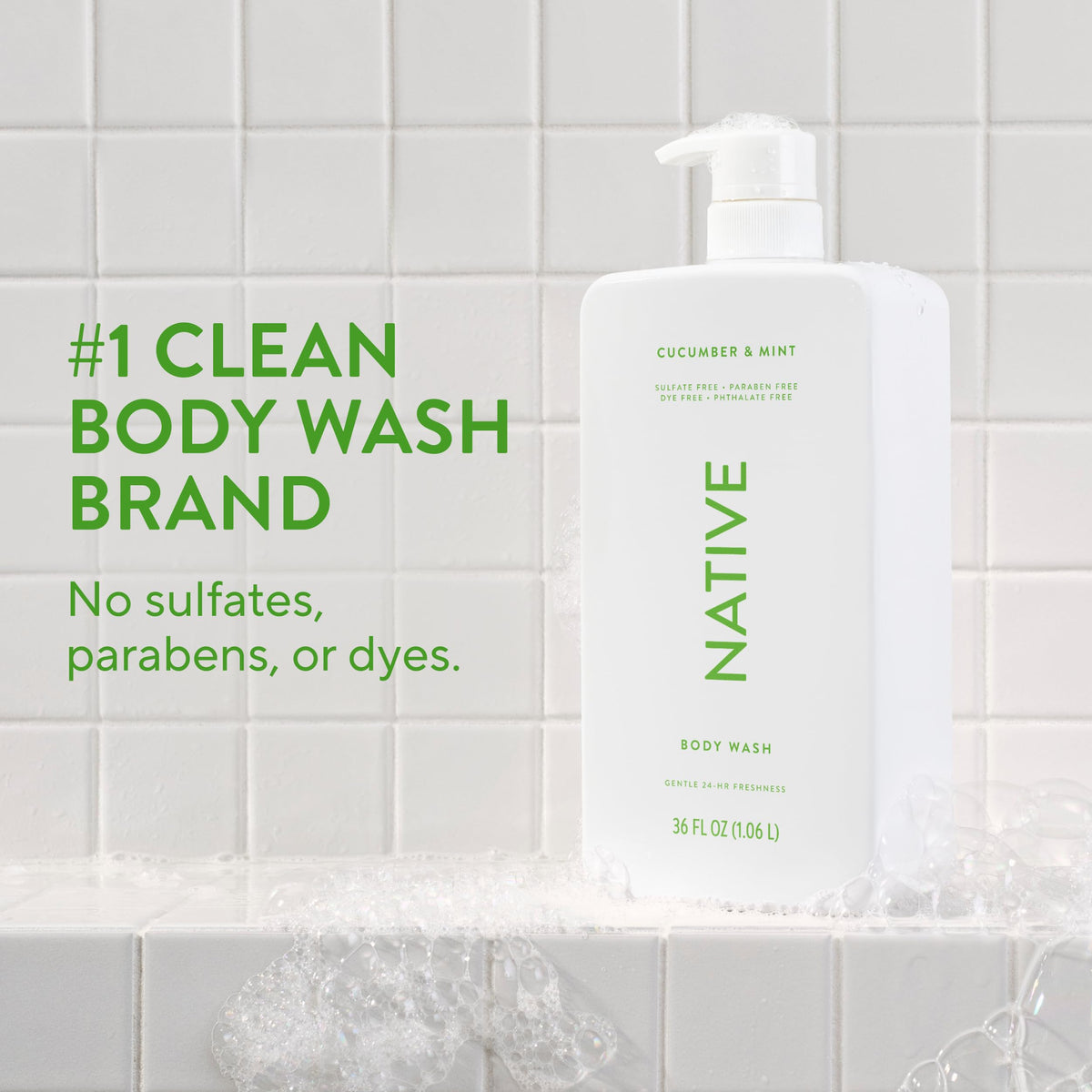Native Body Wash for Women, Men | Sulfate Free, Paraben Free, Dye Free, with Naturally Derived Clean Ingredients, 36 oz bottle with pump - Pack of 1 (Cucumber & Mint)