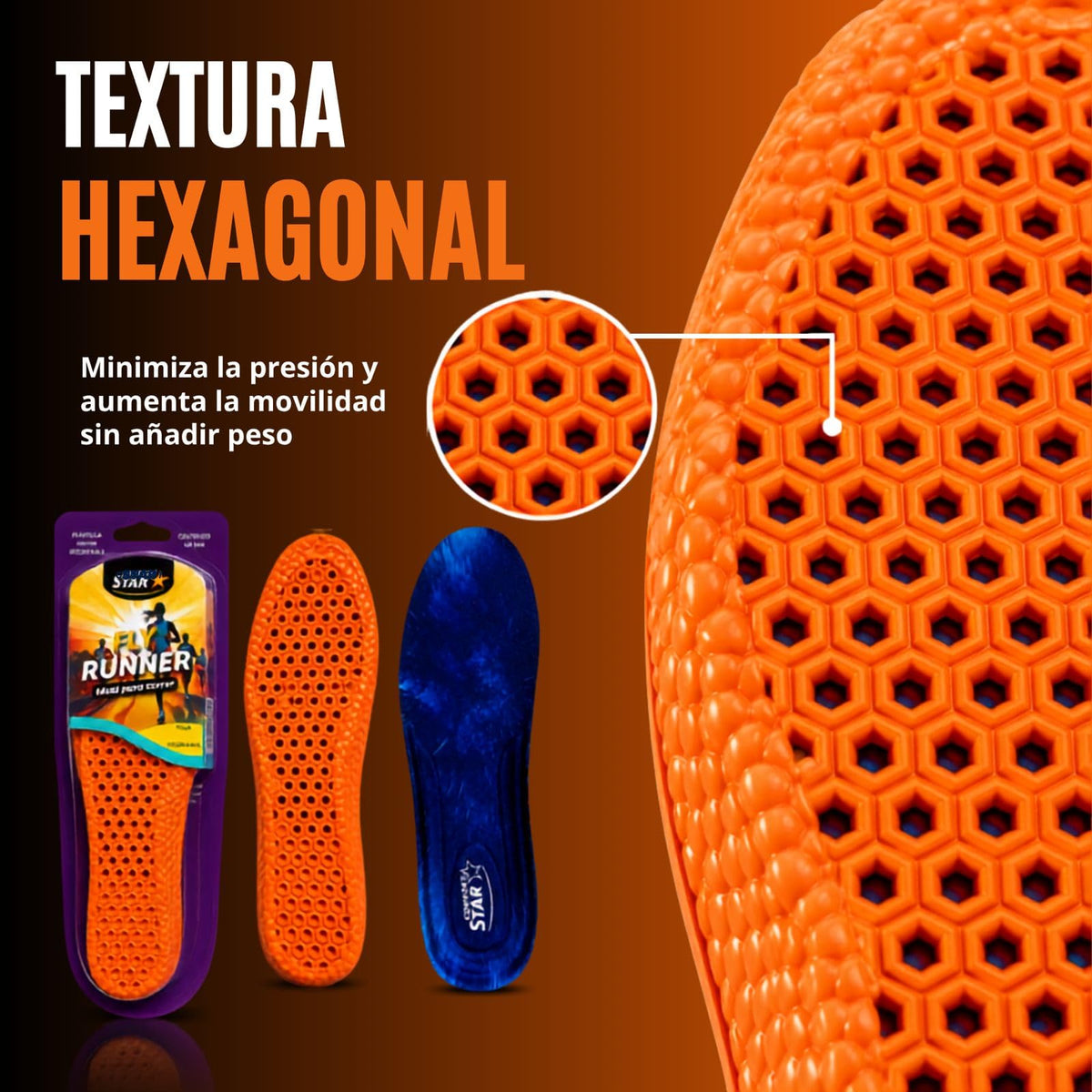 Plantilla Fly Runner Comfort Star Azul Ultraligero con absorción de impactos Tecnología de tracción para Mujeres y Hombres