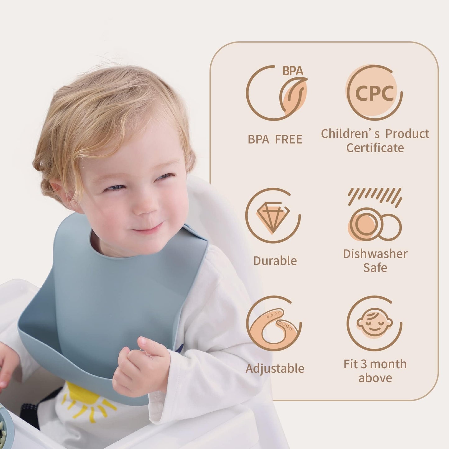 Moonkie - Juego de 3 baberos de silicona para bebé, sin BPA, impermeables, para comer, baberos de silicona ajustables para bebés de 6 a 12 meses, baberos para niños pequeños con bolsillo para recoger