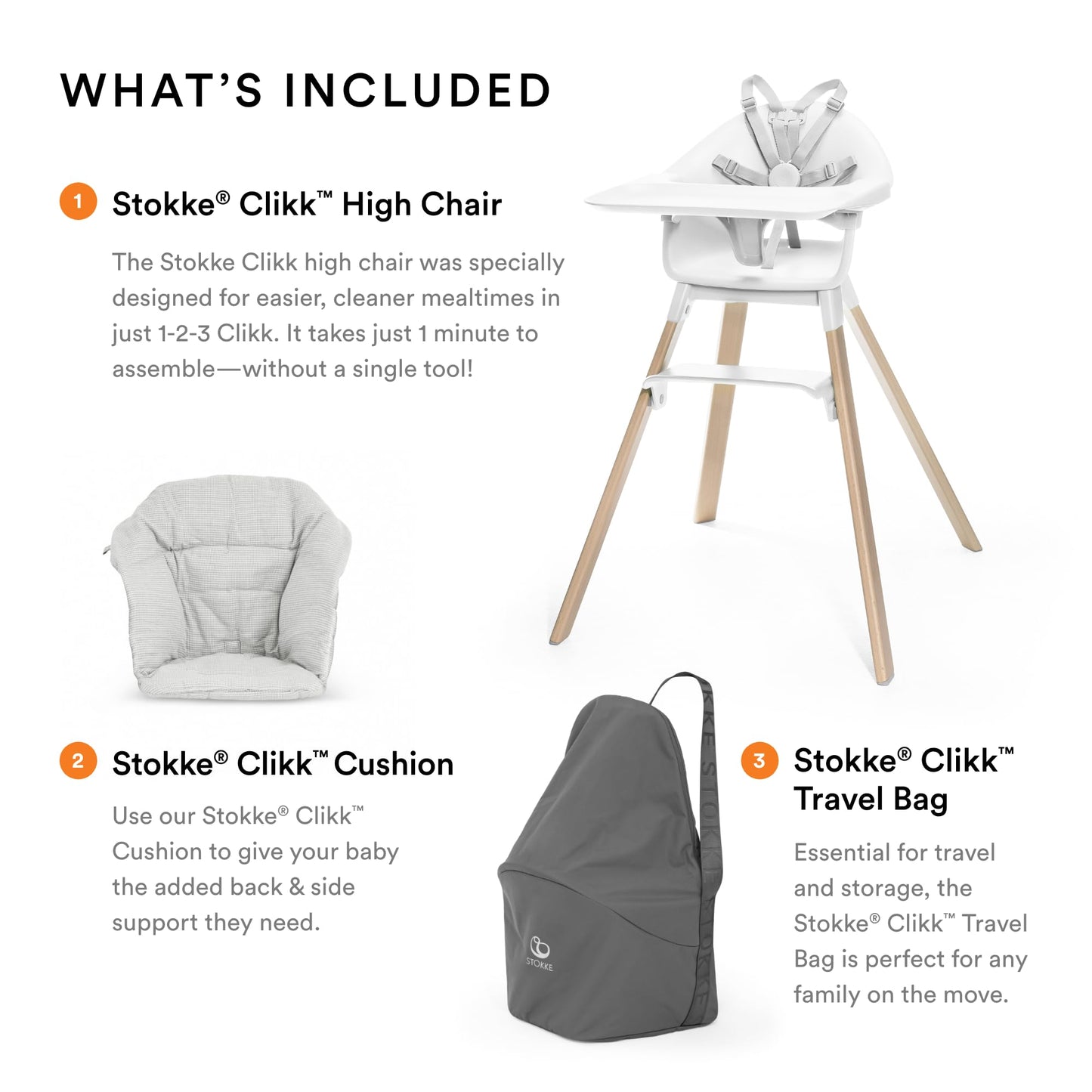 Silla Stokke Clikk con cojín Clikk (gris nórdico) + bolsa de viaje - Incluye bandeja y arnés - Ligera, duradera y fácil de transportar - Ideal para bebés de 6 a 36 meses o hasta 15 kg