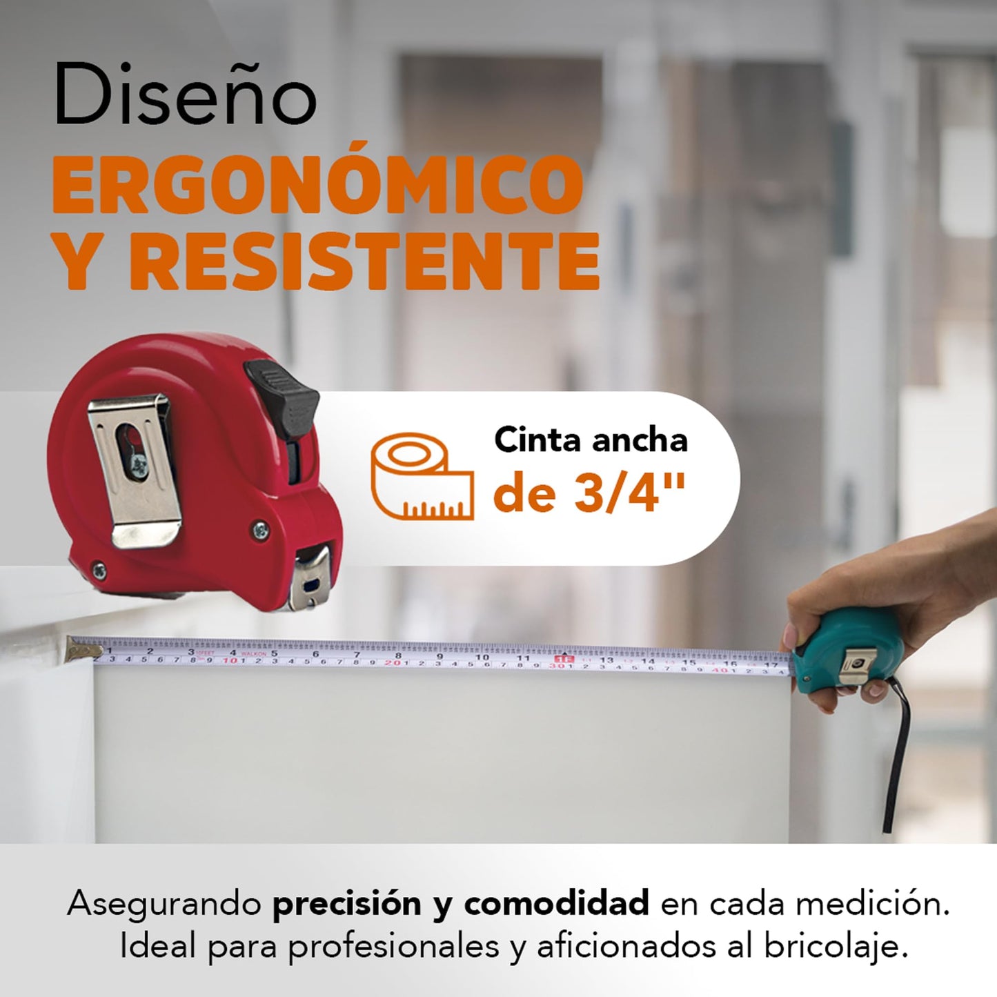 Cinta Metrica - Flexometro 3 M | Cinta Ancha de 19mm (3/4") | Herramientas Ergonómicas | Escala en Centímetros, Pulgadas y Fracciones | Cinta Blanca para Mayor Visibilidad | Rojo | WALKON