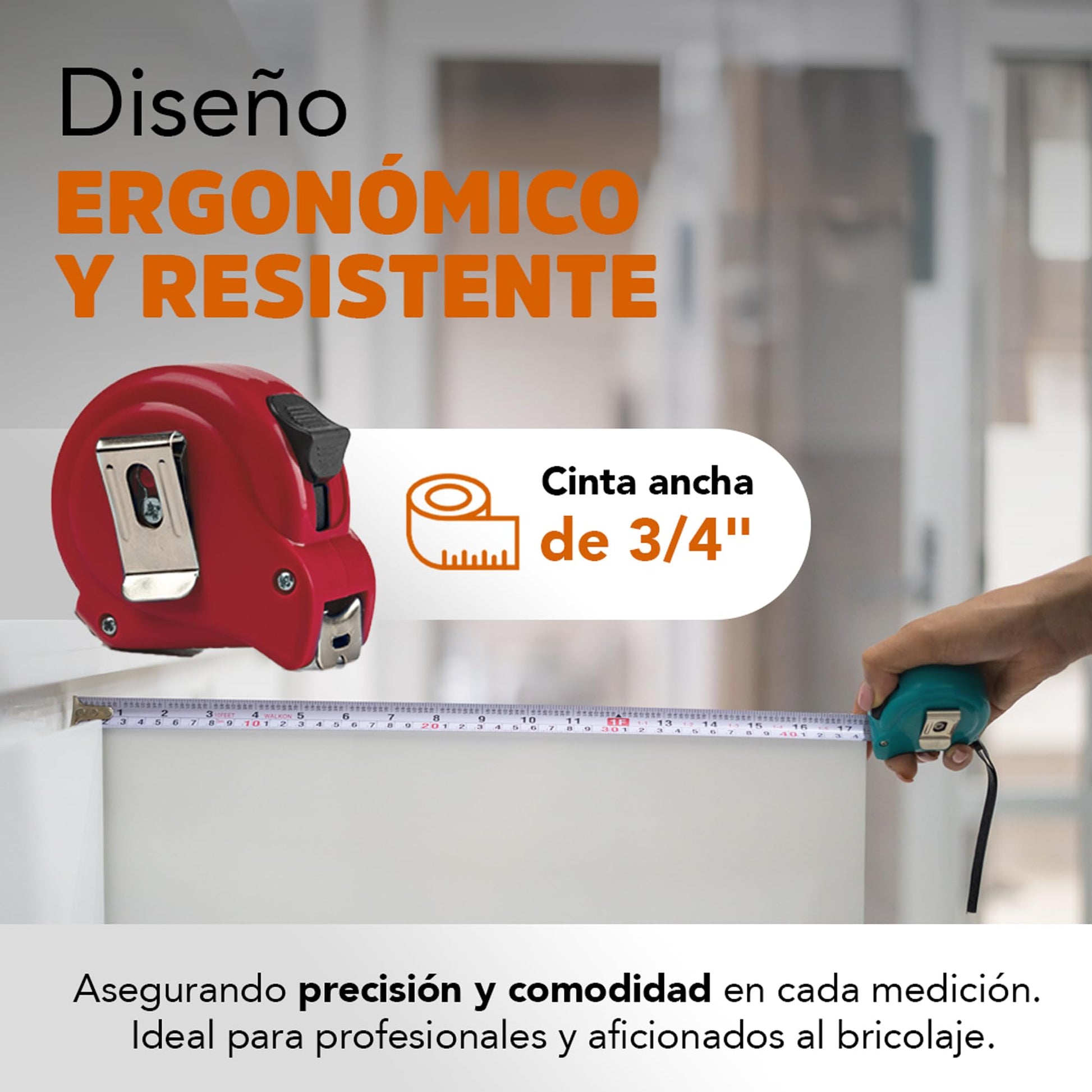 Cinta Metrica - Flexometro 3 M | Cinta Ancha de 19mm (3/4") | Herramientas Ergonómicas | Escala en Centímetros, Pulgadas y Fracciones | Cinta Blanca para Mayor Visibilidad | Rojo | WALKON