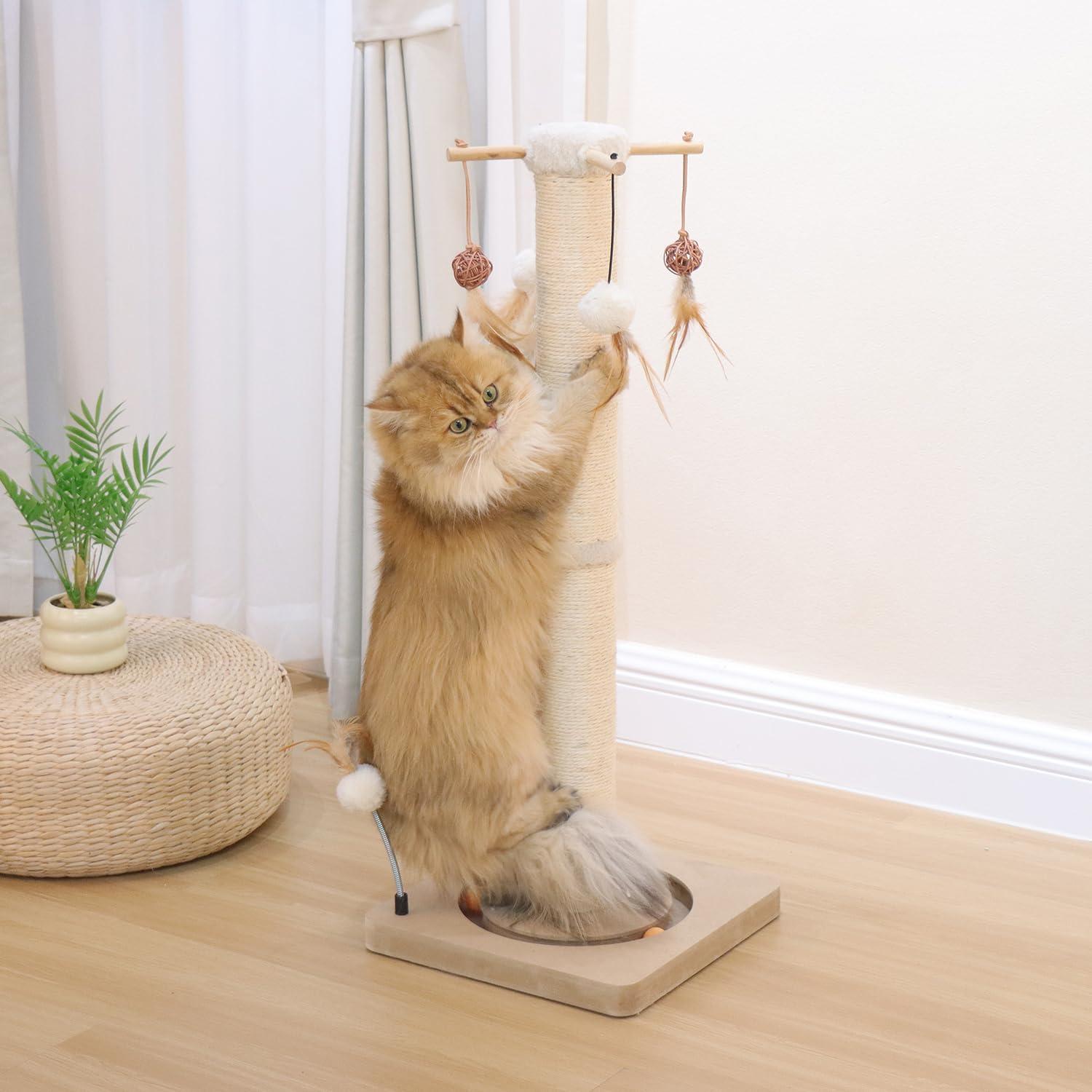 Poste Rascador PEEKAB Beige de 33 Pulgadas con Bola de Pista y Juguetes para Gatos de Interior