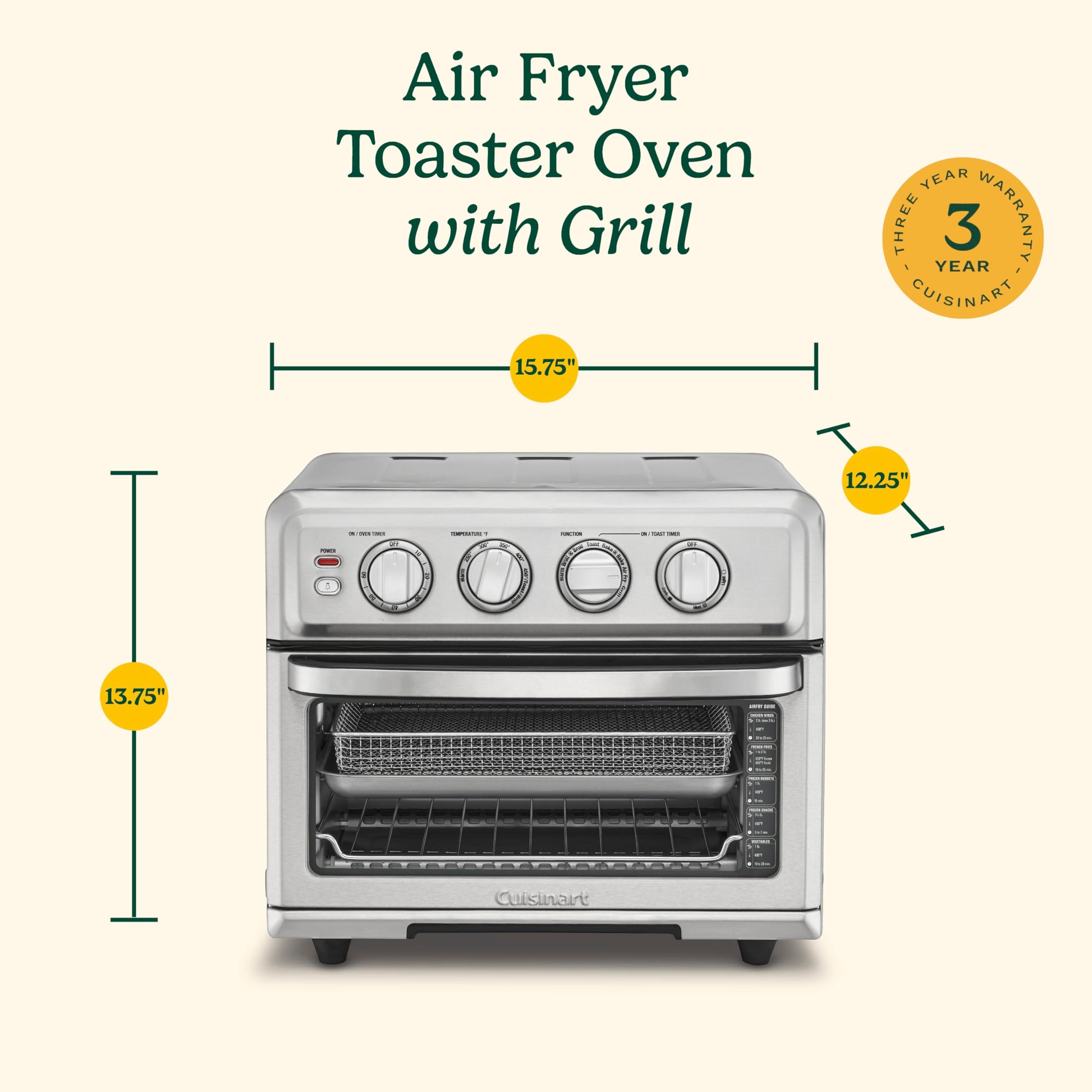 Cuisinart Freidora de aire + horno tostador de convección, horno 8-1 con horno, parrilla, asador y opciones calientes, blanco, TOA-70W