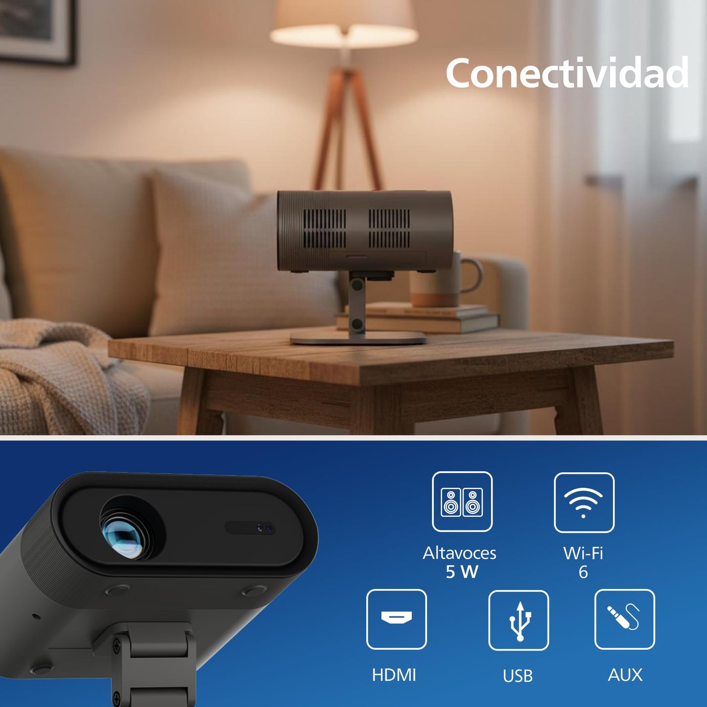 Philips, Neopix 160 Smart, Proyector de cine en casa, Full HD 1920 x 1080p, 250 lúmenes, Google TV, fuente de luz LED, soporte giratorio, Wi-FI 6, sonido estéreo de 2 x 5 vatios, negro.