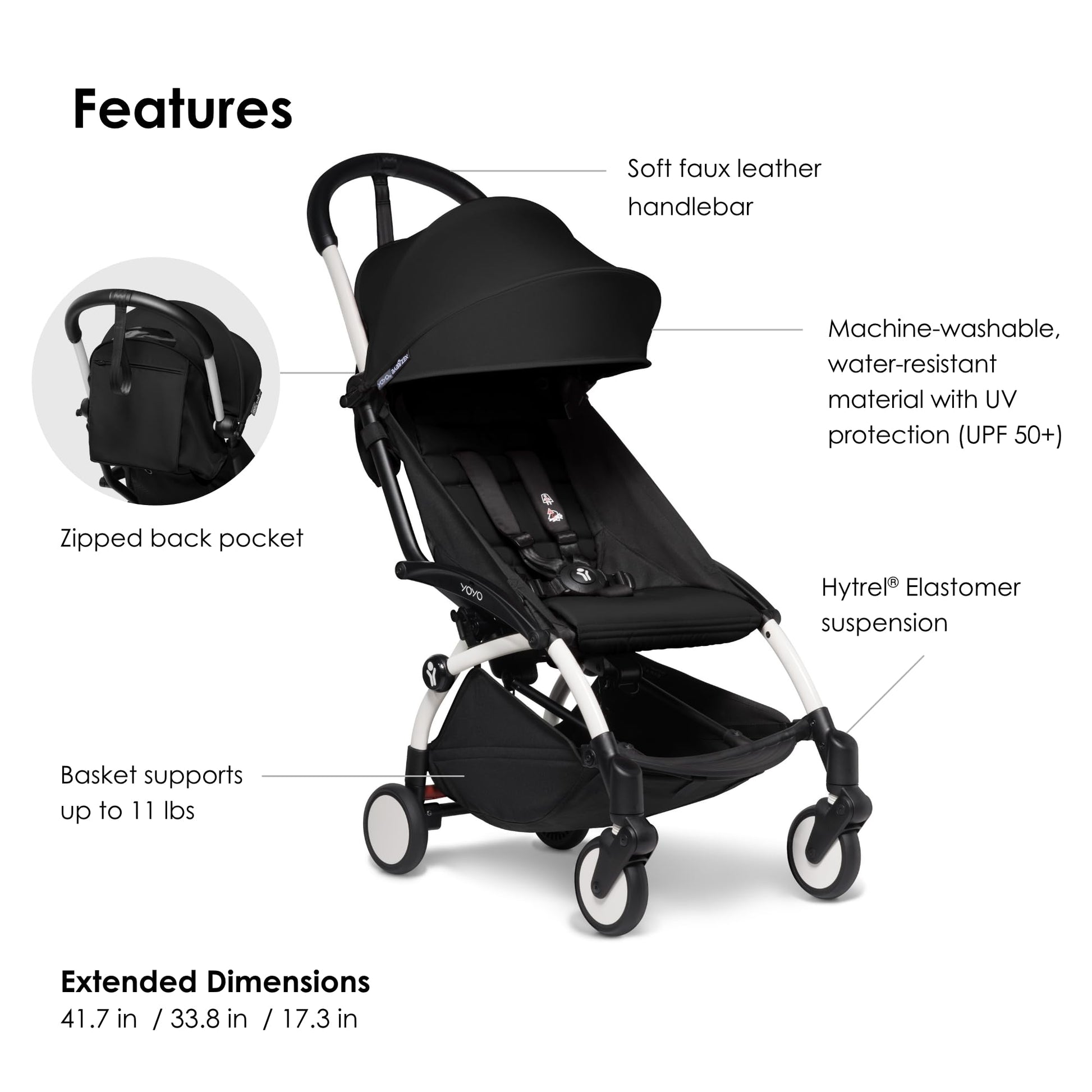 BABYZEN Cochecito 6+ YOYO2 (Chasis Blanco con Pack 6+) - Incluye arnés, respaldo, extensiones de capota, correa para llevar al hombro, el cojín del asiento y la capota a juego (Negro)