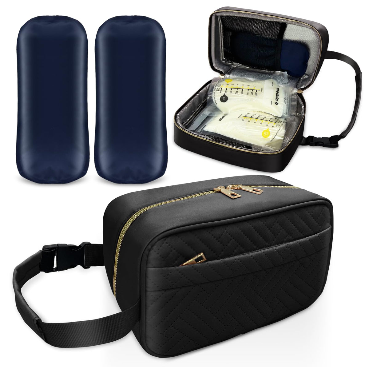 MELINON Bolsa impermeable para enfriar leche materna con 2 paquetes de hielo grandes - Bolsa aislada para almacenamiento de leche materna de viaje con hebilla y asa colgante para guardería y viajes