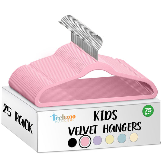TechZoo - 25 perchas de terciopelo para niños de alta calidad – Perchas antideslizantes de 14 pulgadas para niños y preadolescentes – ultra delgadas, ahorro de espacio, fuertes y duraderas con gancho
