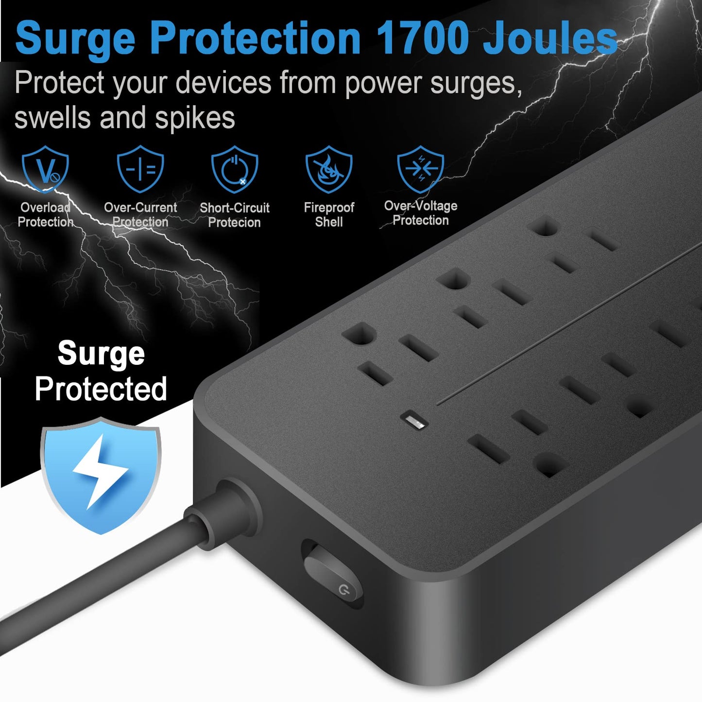 BOPARTE USB Multicontacto, Regleta de 1,2 m, 8 Salidas, 3 Puertos de Carga USB, (5 V / 2 A), 1 Puerto USB-C, Conector múltiple, Regleta para el hogar, Oficina, Dormitorio, Negro