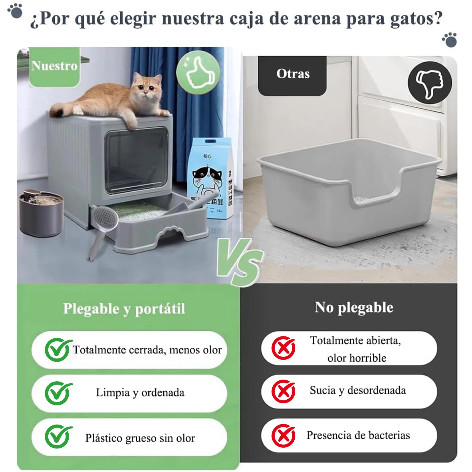 Arenero para Gato Cerrada: Removibles Plegable Arenero 50*40*40cm,Gran Caja de Arena para Gatos,Antiolor Prueba de Salpicaduras,Facil de Limpiar,con Puertas y Entradas Cubiertas Incluye Pala (Gris)