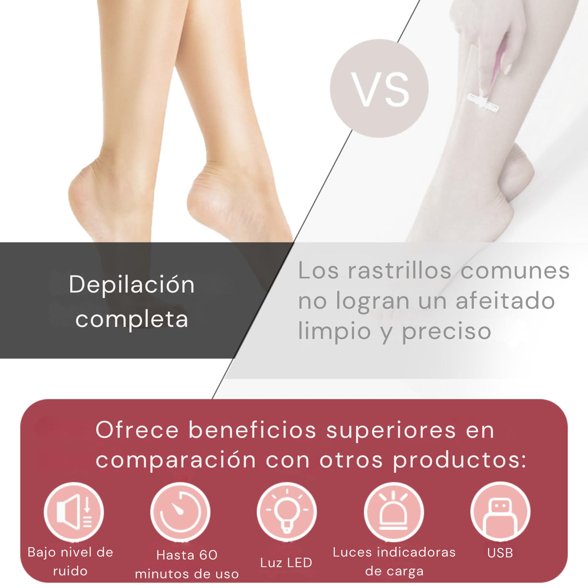 VIGOREM Depiladora Facial Mujer con Luz LED y Cabezal Ergonómico – Removedor Indoloro de Vello Recargable USB, Motor 5W – Depiladora Eléctrica para Labio Superior, Barbilla, Mejillas, Piernas y Brazos