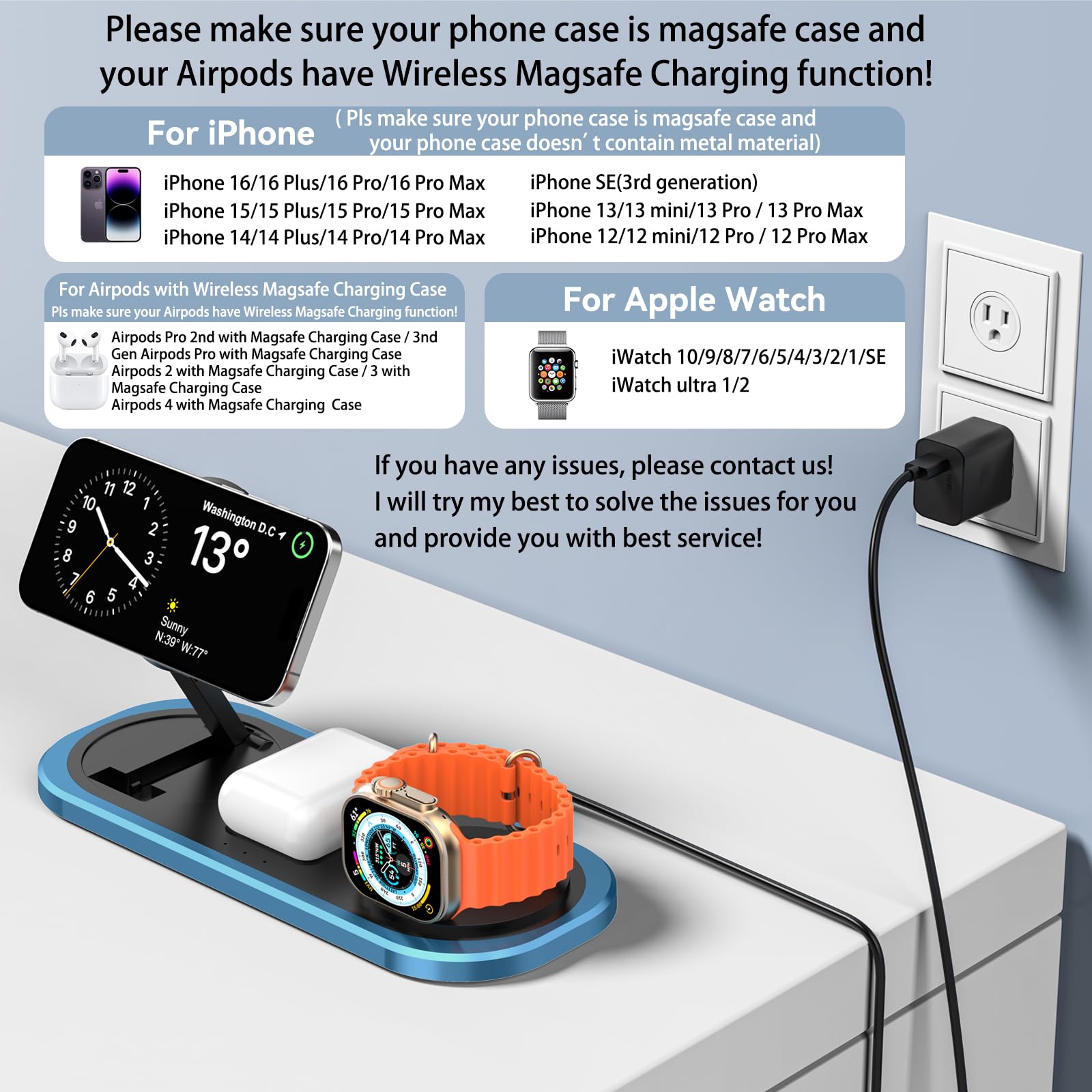 Cargador inalámbrico 3 en 1, estación de Carga magnética Plegable para Magsafe para iPhone 16/15/14/13/12/Pro MAX/Pro/Mini/Plus, Apple Watch 10/9/8/7/SE/6/5/4/3/2/1/Ultra2/Ultra, AirPods pro/2/3/4