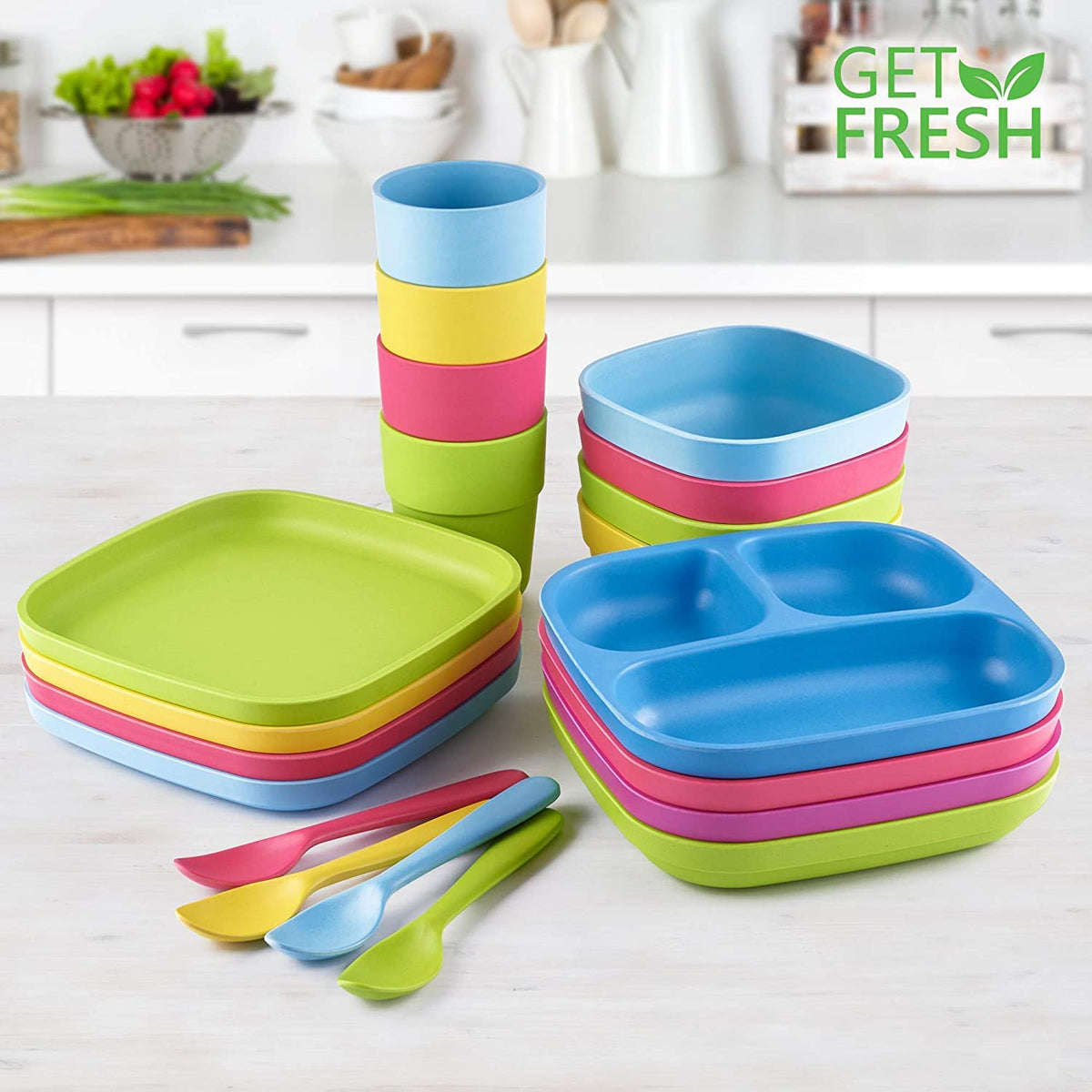 Get Fresh Juego de platos para niños divididos PLA - 2 piezas sin melamina - Vajilla infantil dividida segura para microondas - Platos infantiles apilables sin BPA - Platos reutilizables aptos para