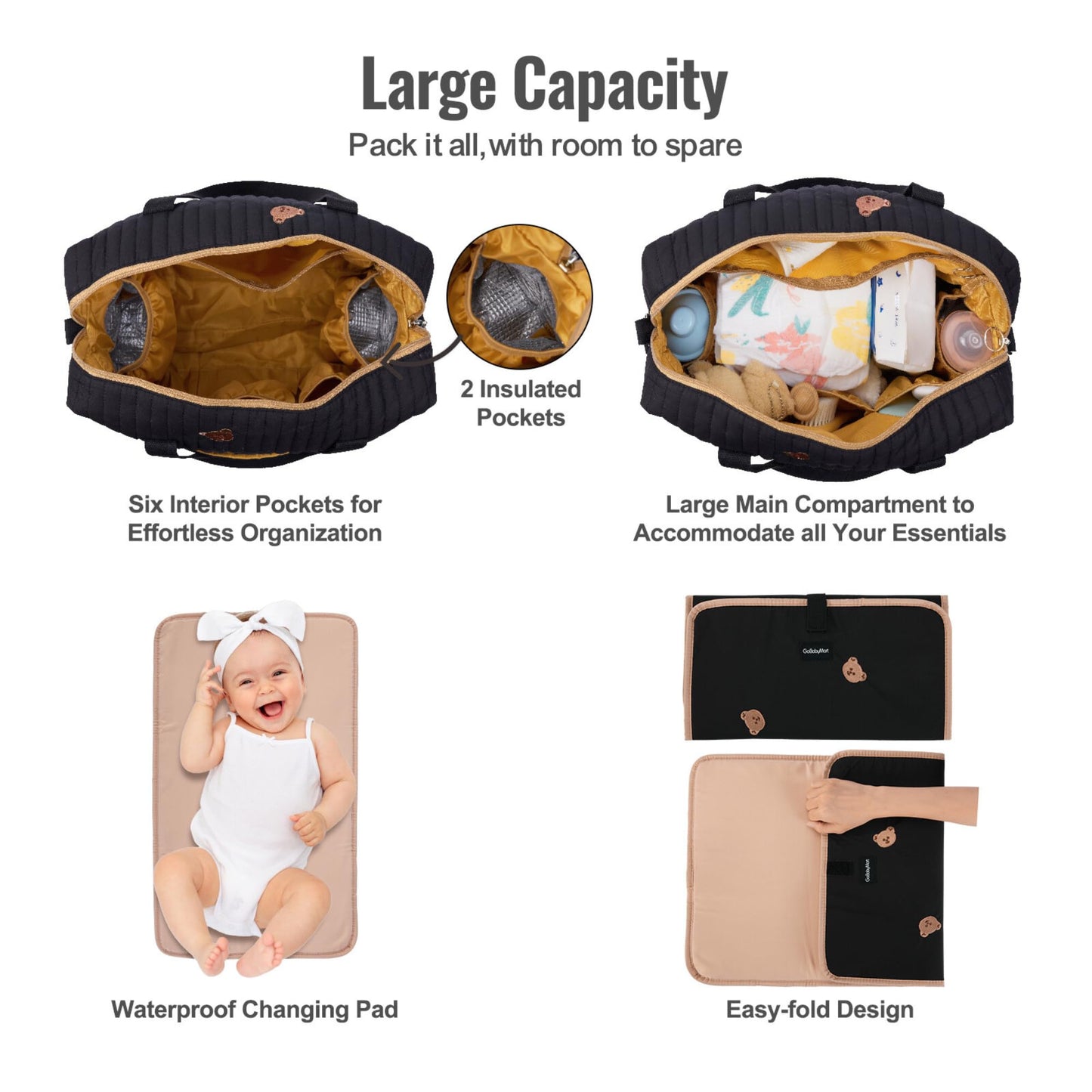 GOBABYMART - Juego de 3 bolsas de pañales, bolsa de hospital para trabajo y parto, bolsa de viaje de maternidad con cambiador y estuche para chupete