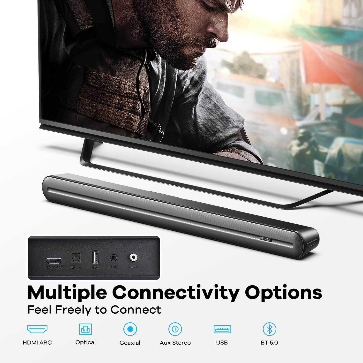 Heymell Barra de sonido Bluetooth de 150 W para TV, barras de sonido envolvente 3D para TV, barra de sonido para Smart TV con 6 controladores, sonido claro, sin ruido, altavoces de TV, barra de sonido