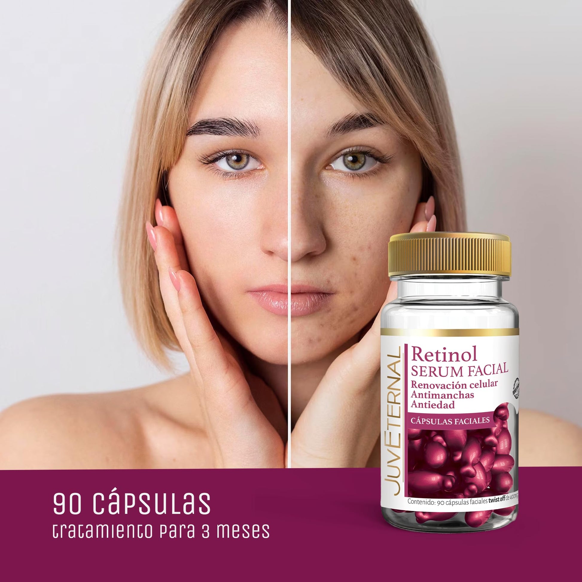 Juveternal Duo Cápsulas Faciales Retinol Cápsulas Faciales Acido Hialuronico 90 caps c/u Renovación celular Antimanchas Antiedad Hidrata Reafirma y Retexturiza la piel