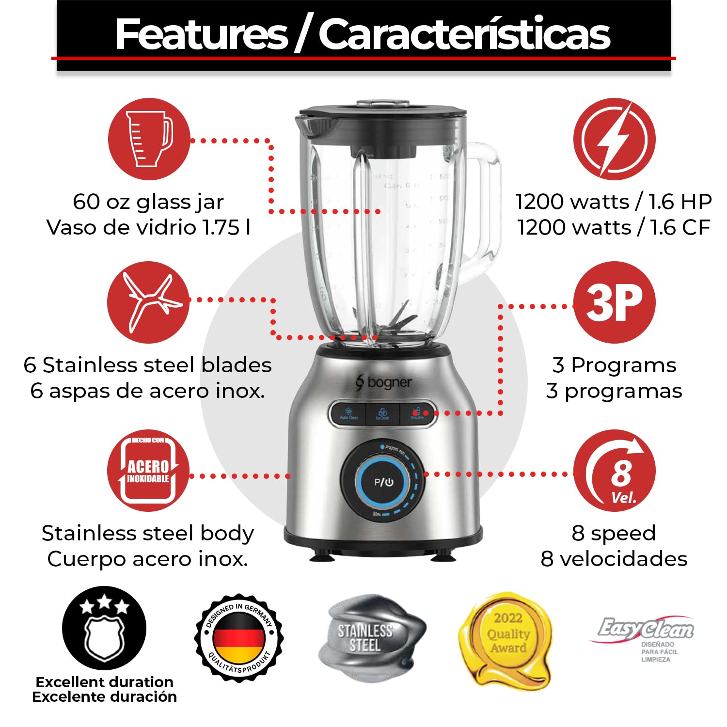 BOGNER Licuadora de 8 velocidades, 1200W fabricada con cubierta de acero inoxidable. Vaso de vidrio templato 1.75L. Función muele hielo, smoothie y autolavado.