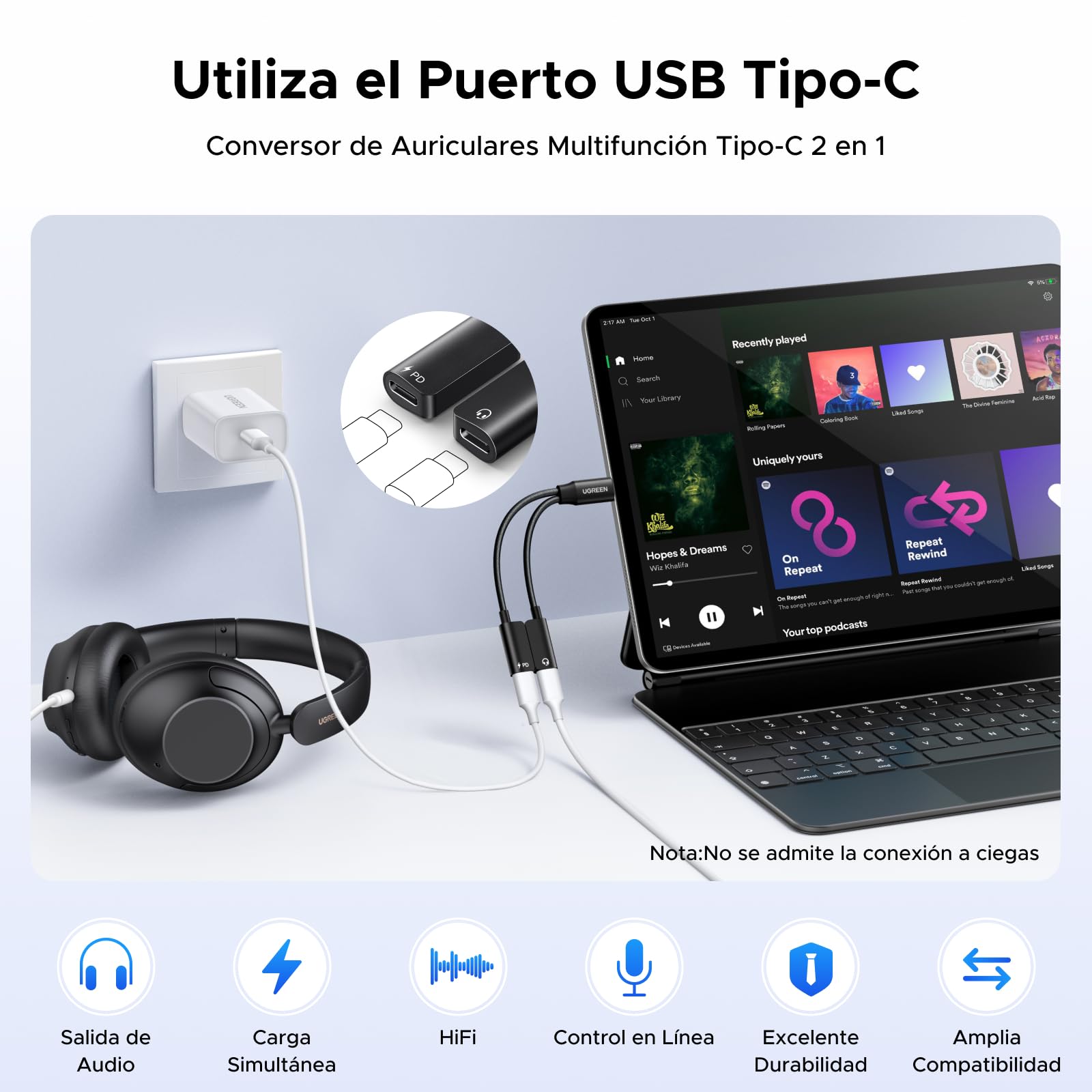 Adaptador de Audio UGREEN Tipo C Negro 1 Entrada 2 Salidas para Auriculares y Cargador Carga Rápida PD 60W