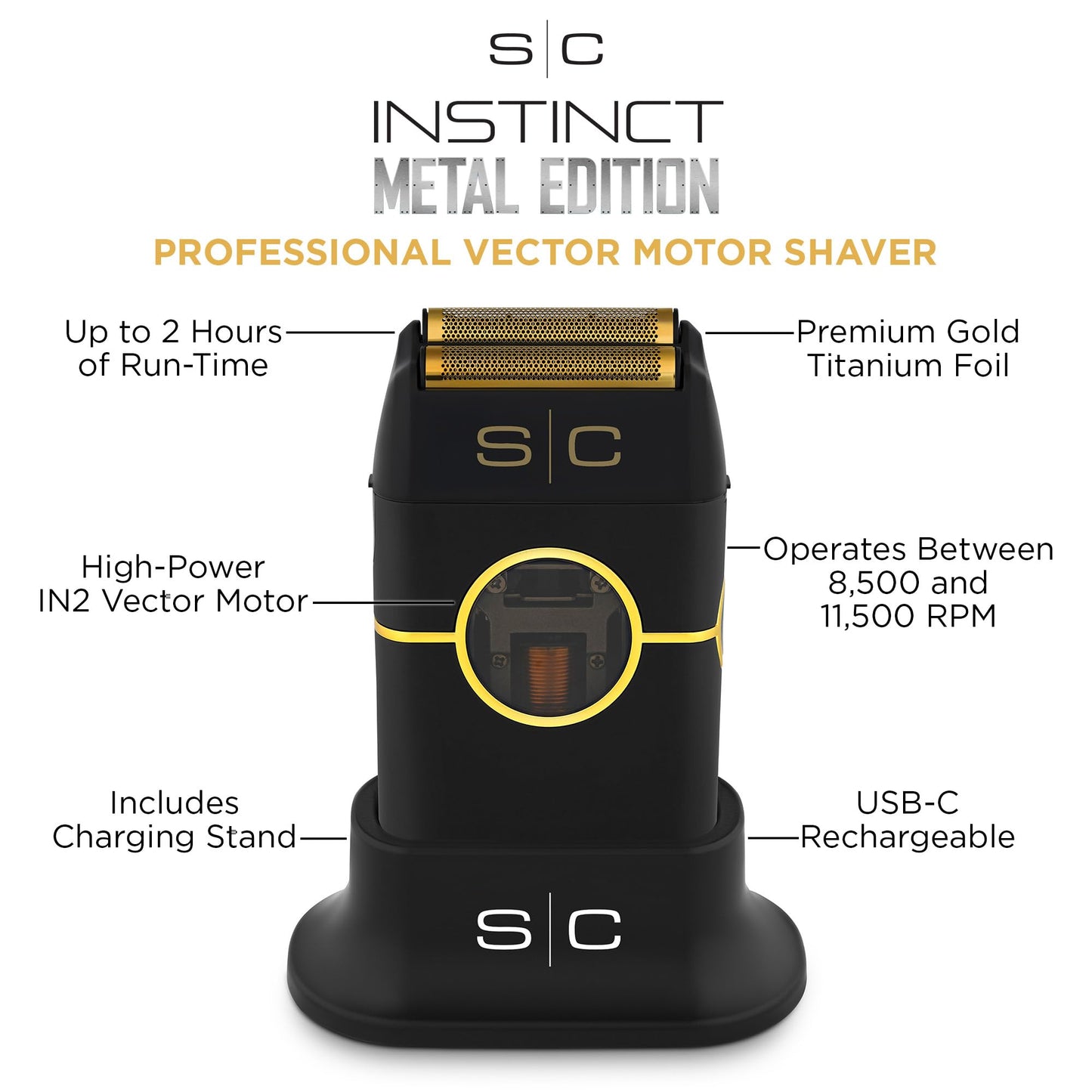 Afeitadora de doble lámina inalámbrica de metal Stylecraft Instinct con motor IN2 Vector, control de torque intuitivo, recargable por USB-C (negro)